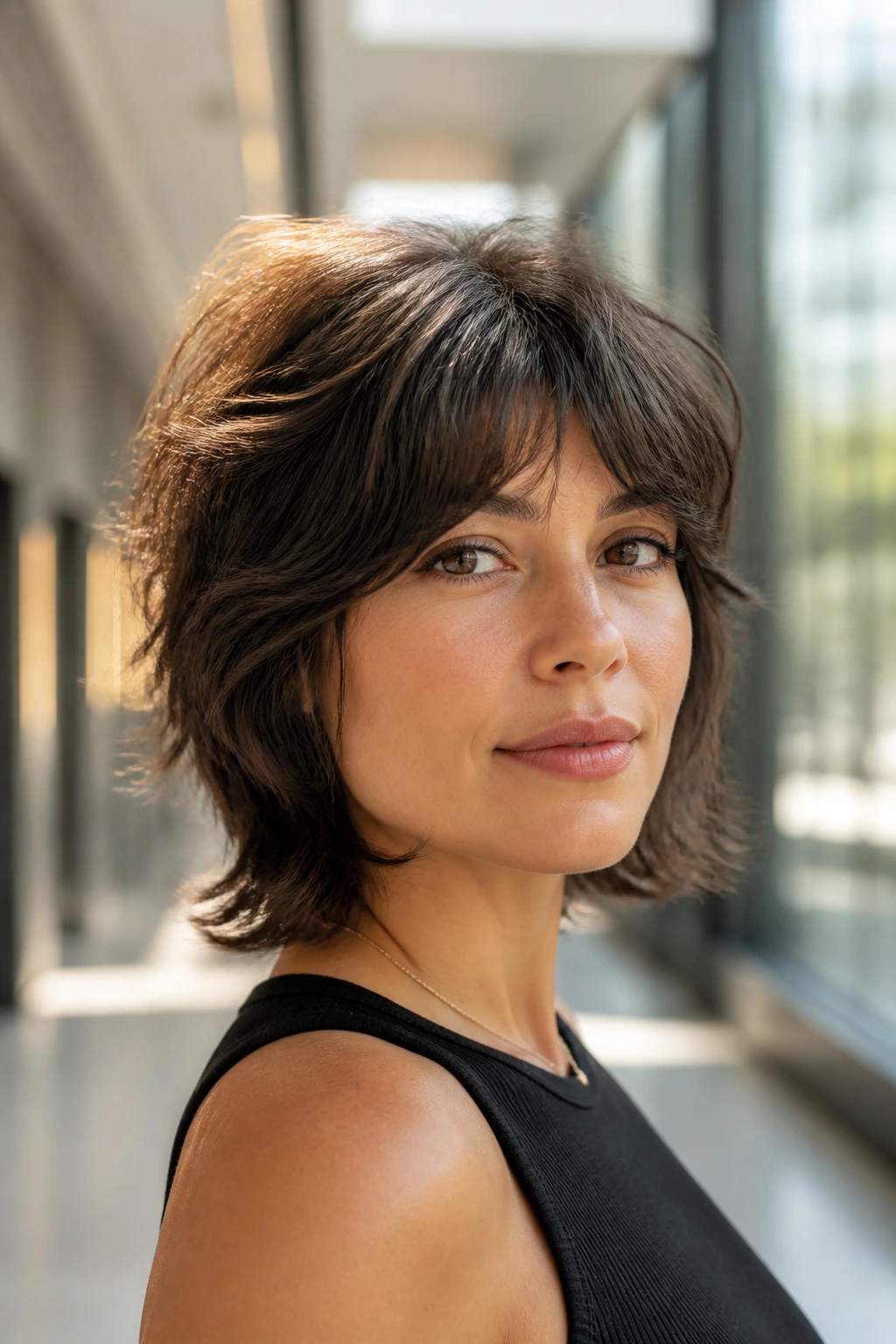 Close-up of a woman with layered mushroom-soft shag featuring airy layers