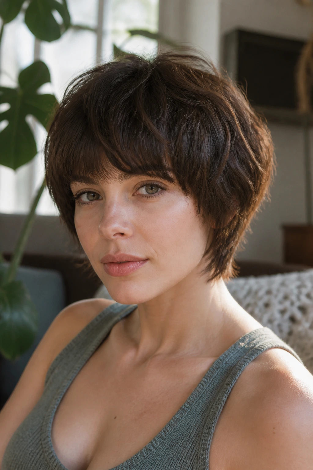 Close-up portrait of a real person wearing Layered Mushroom Shag with rounded silhouette and movement