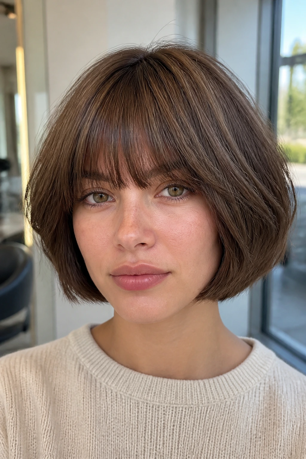Close-up portrait of a real woman with Layered Pageboy Bob and brow-grazing bangs in bright light