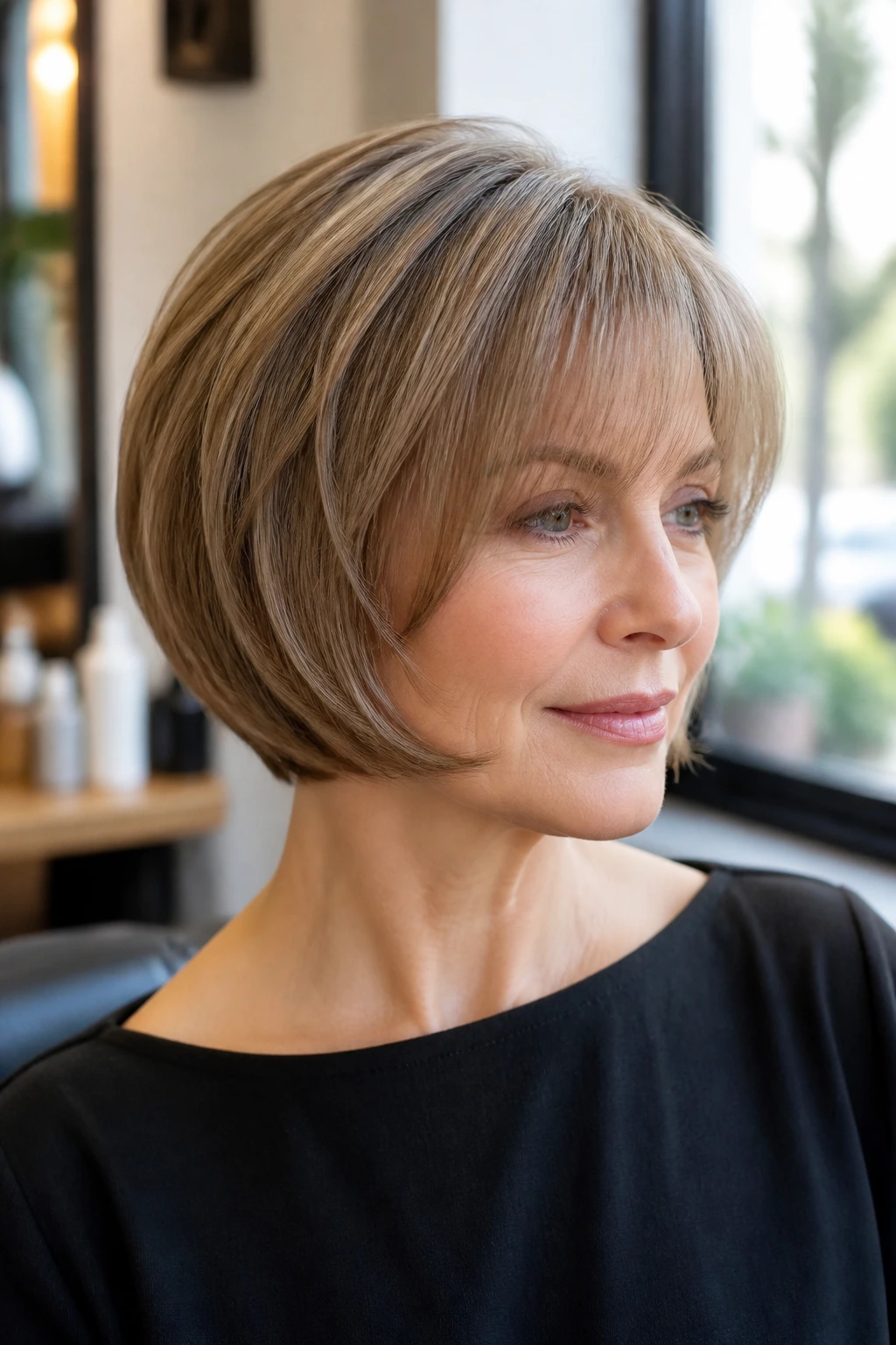 Close-up of real woman with layered pageboy and rounded undercurve in warm salon lighting