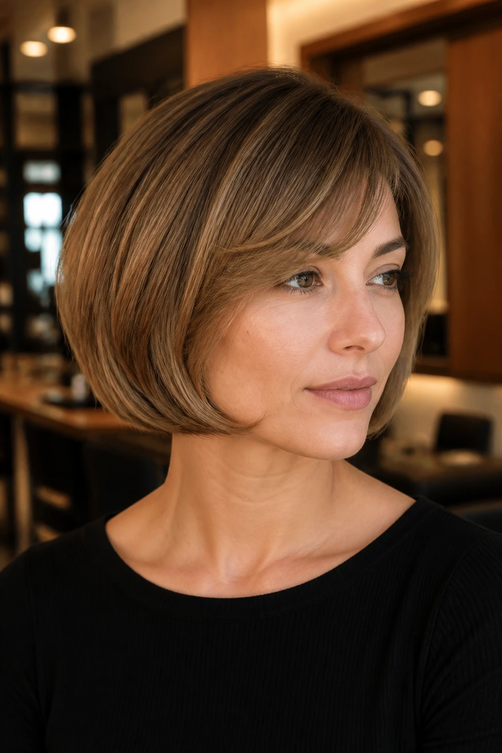 Portrait of a woman with layered pageboy remix and curved under ends