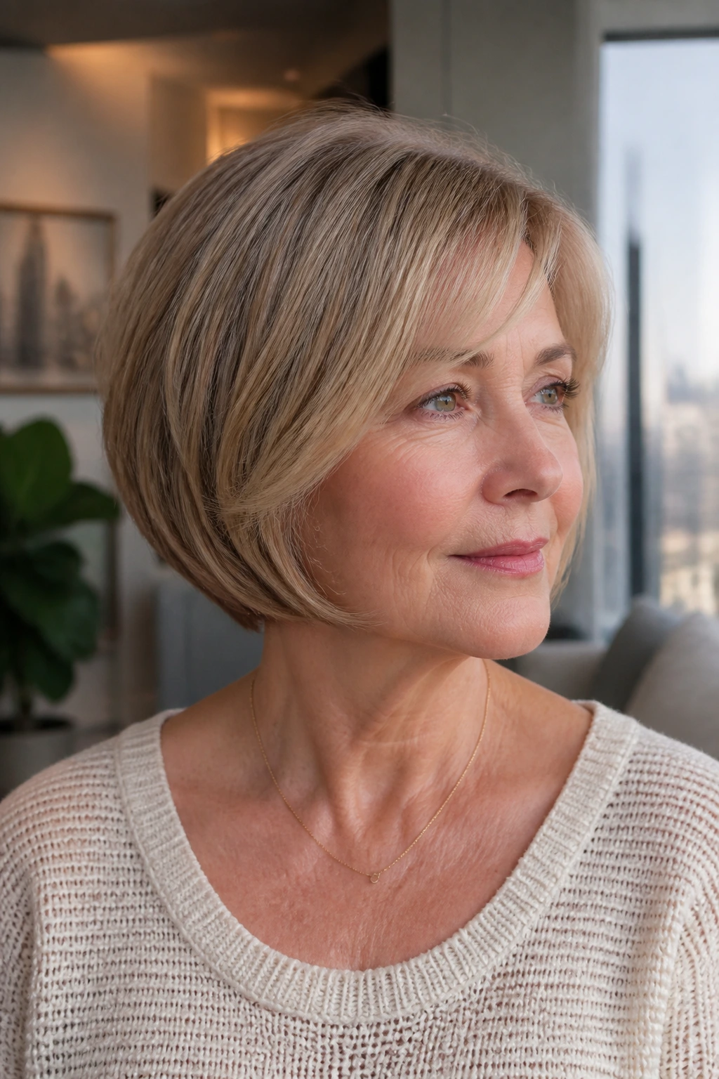 Close-up of a real woman with layered pageboy and soft curve in warm daylight
