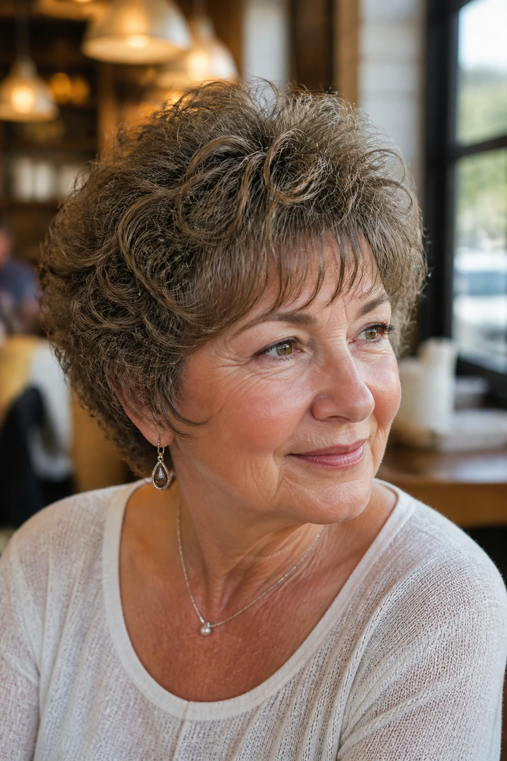 Real woman with layered perm crop and fringe in warm cafe light.
