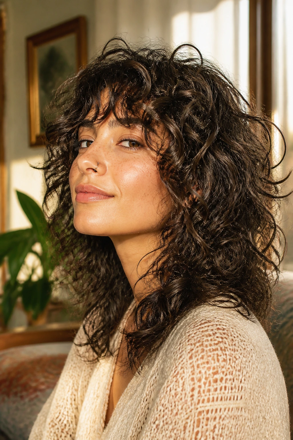 Close-up of real person with layered perm shag showing lifted crown