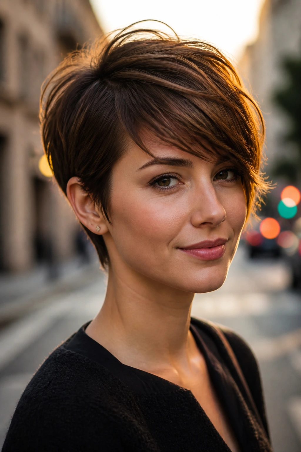 Close-up of layered pixie with side-swept bangs on a real person