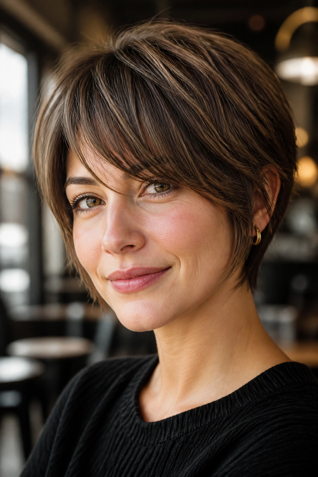 Close-up portrait of a real woman with layered pixie bob and face-framing bangs in warm cafe light.
