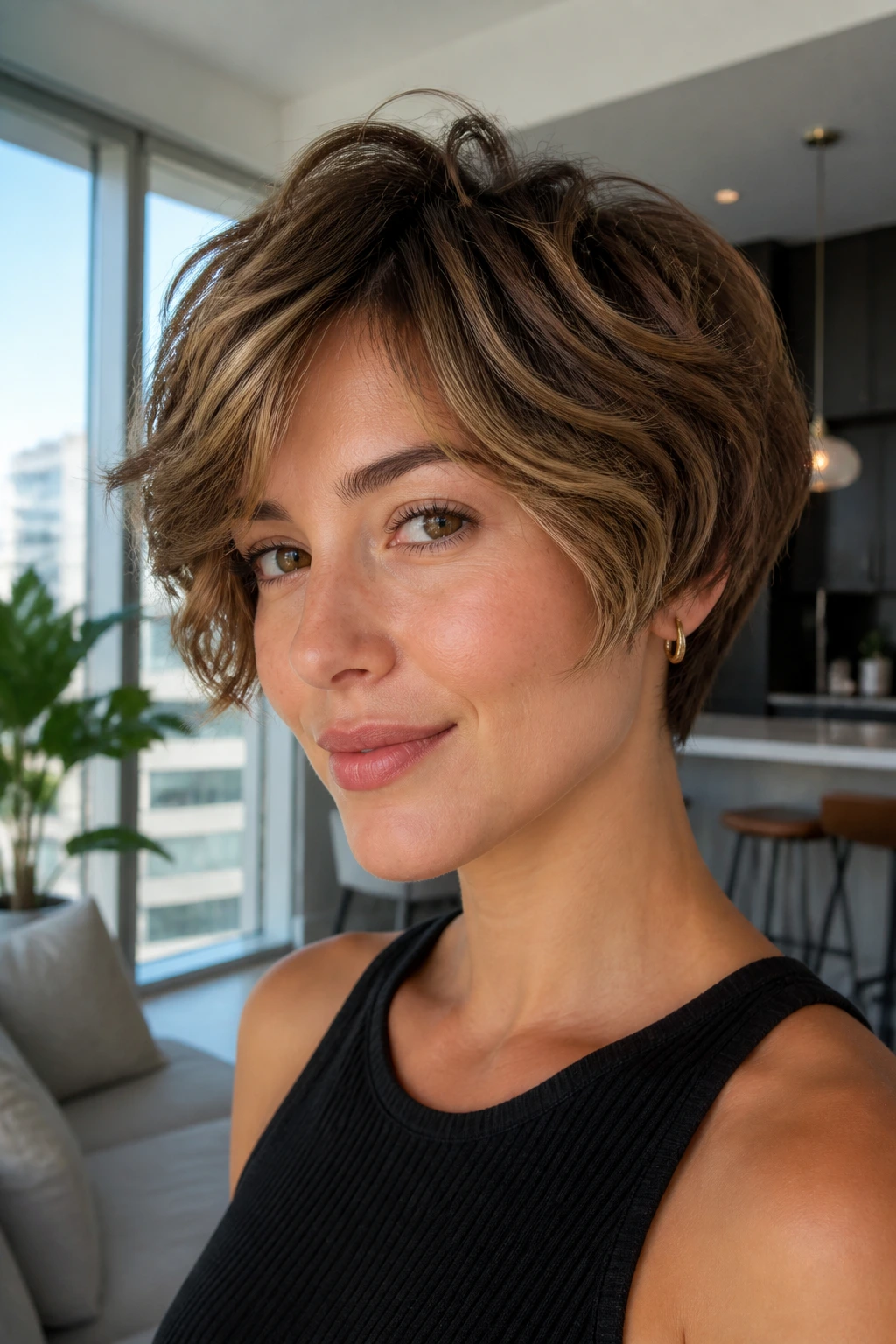 Close-up portrait of a real person with layered pixie bob showing crown movement and neat nape