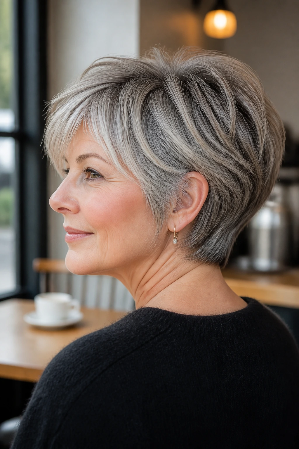 Medium close-up of a woman with layered pixie-bob showing open neckline
