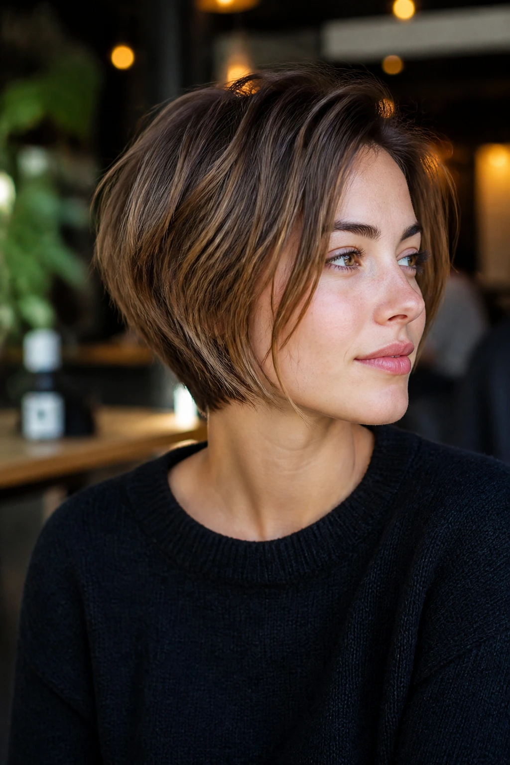 Portrait of a real person with layered pixie-bob hybrid hairstyle
