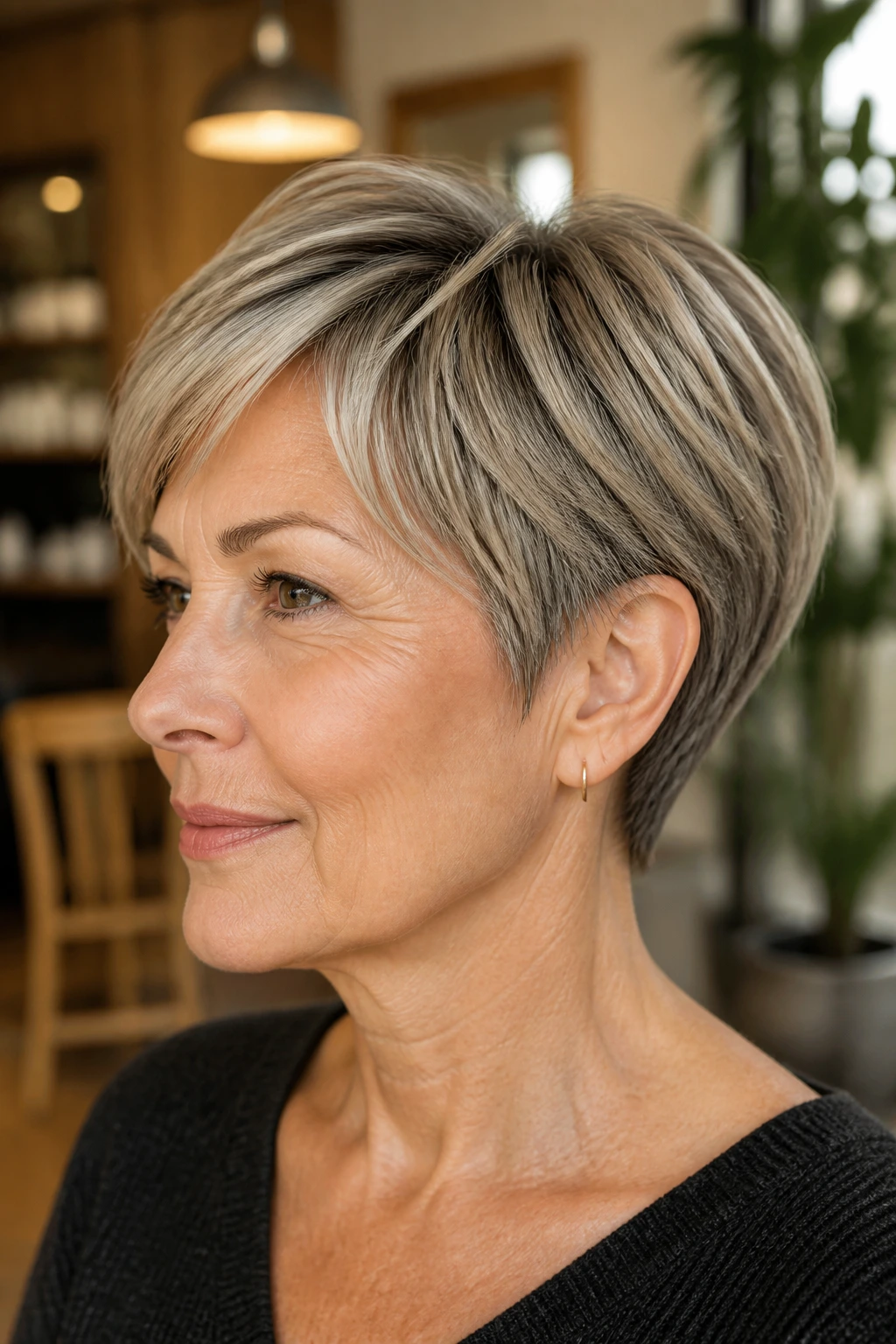 Close-up portrait of a real woman with layered pixie-bob in a warm salon setting.