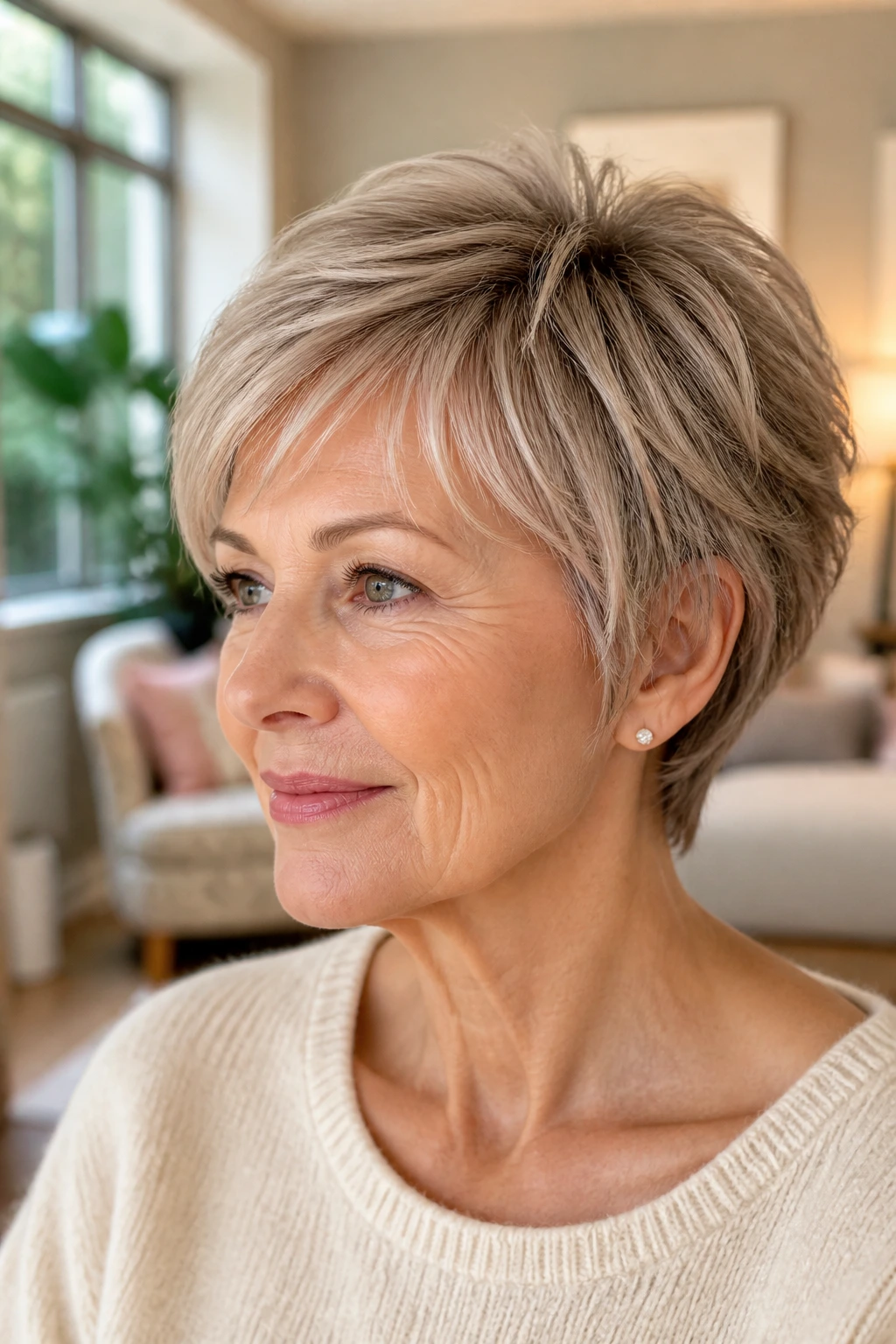 Close-up portrait of a real woman with layered pixie bob in a cozy living room with warm daylight.