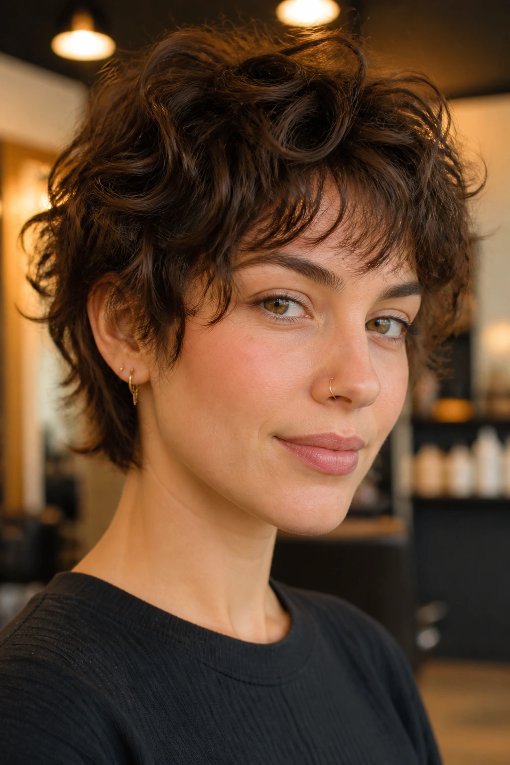 Close-up portrait of a person with layered pixie-bob shag and bangs in a chic salon