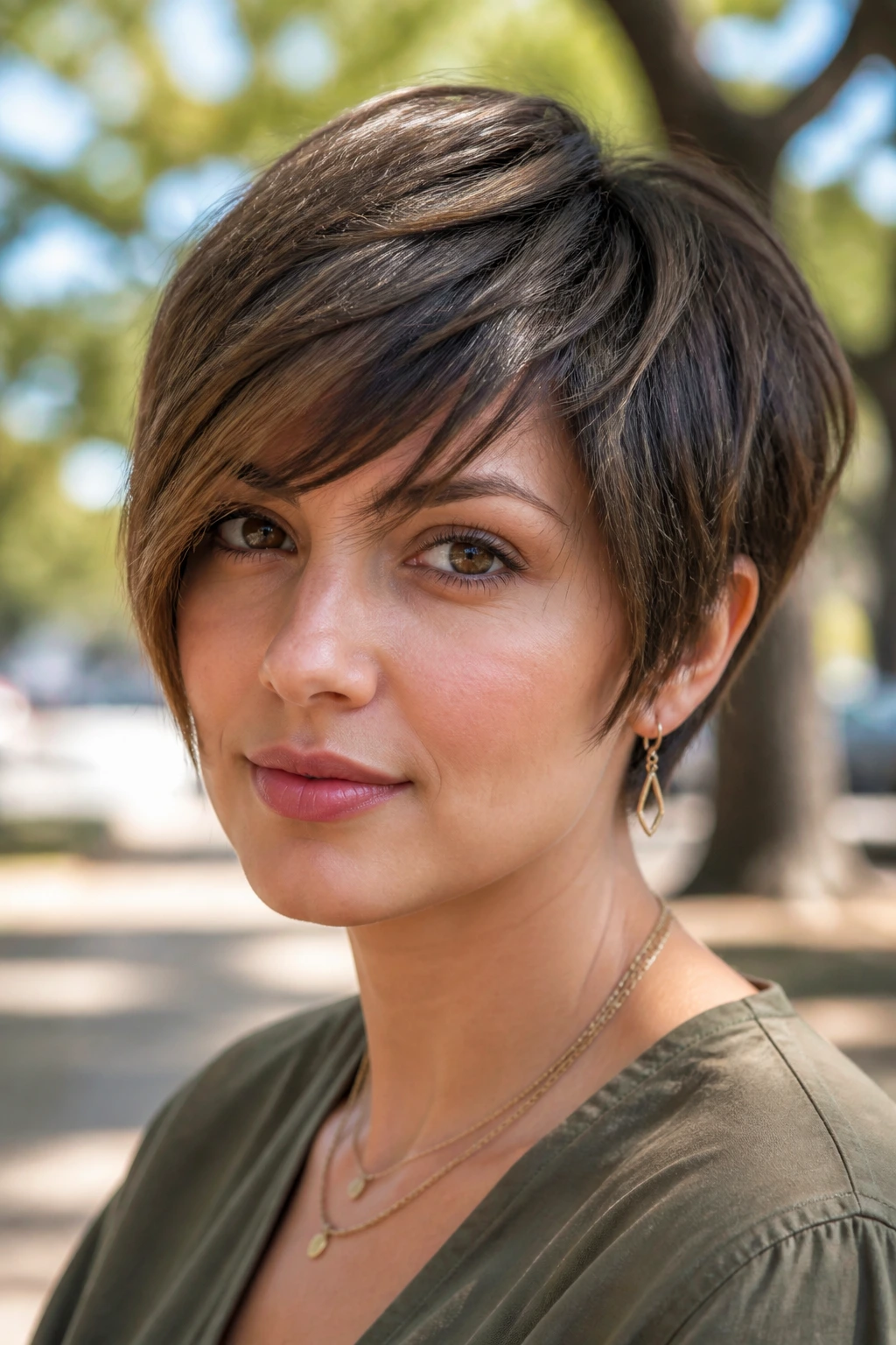 Real person with layered pixie-bob and side-swept fringe portrait
