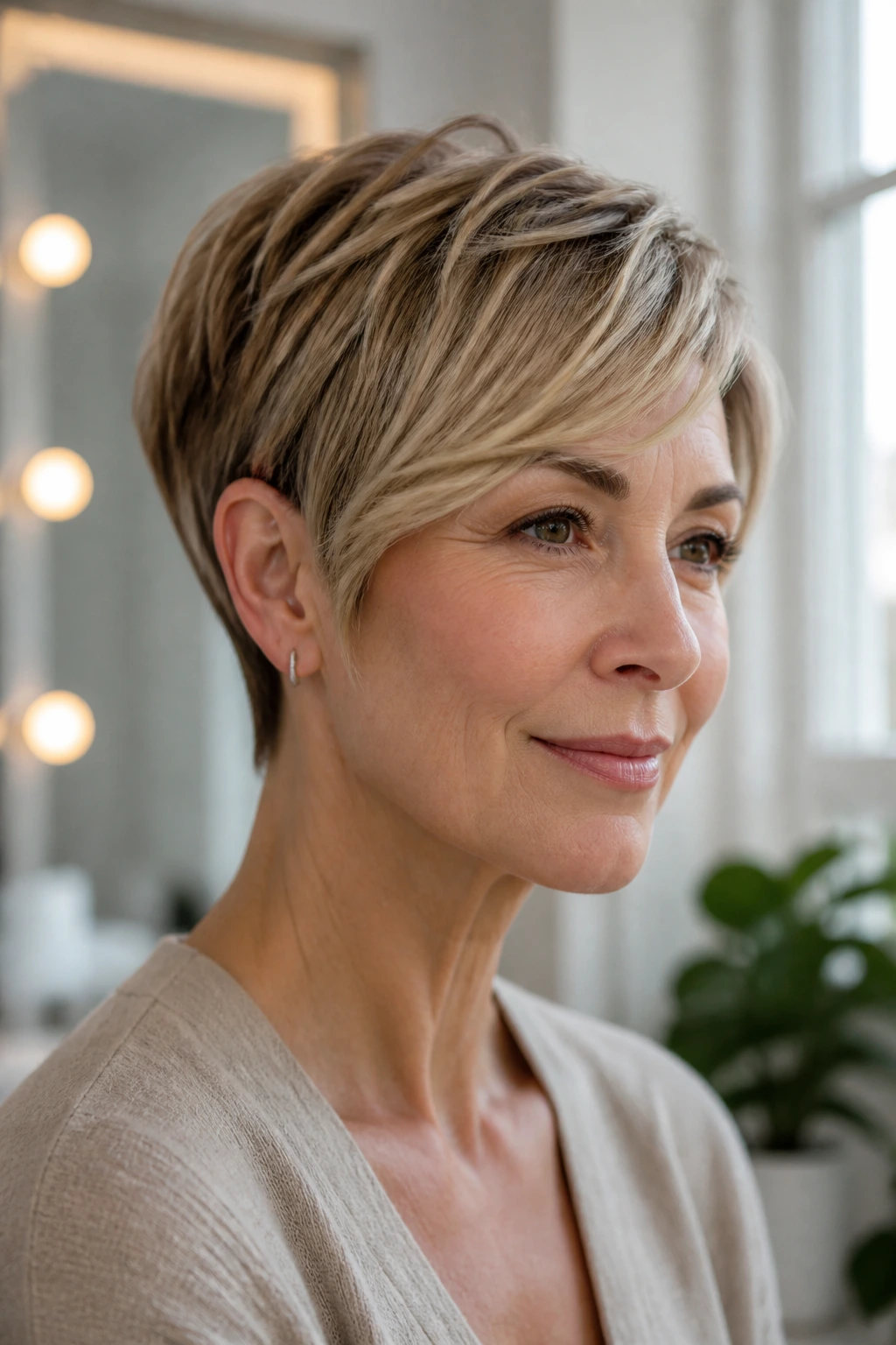 Close-up of a real woman with layered pixie bob and tapered sides
