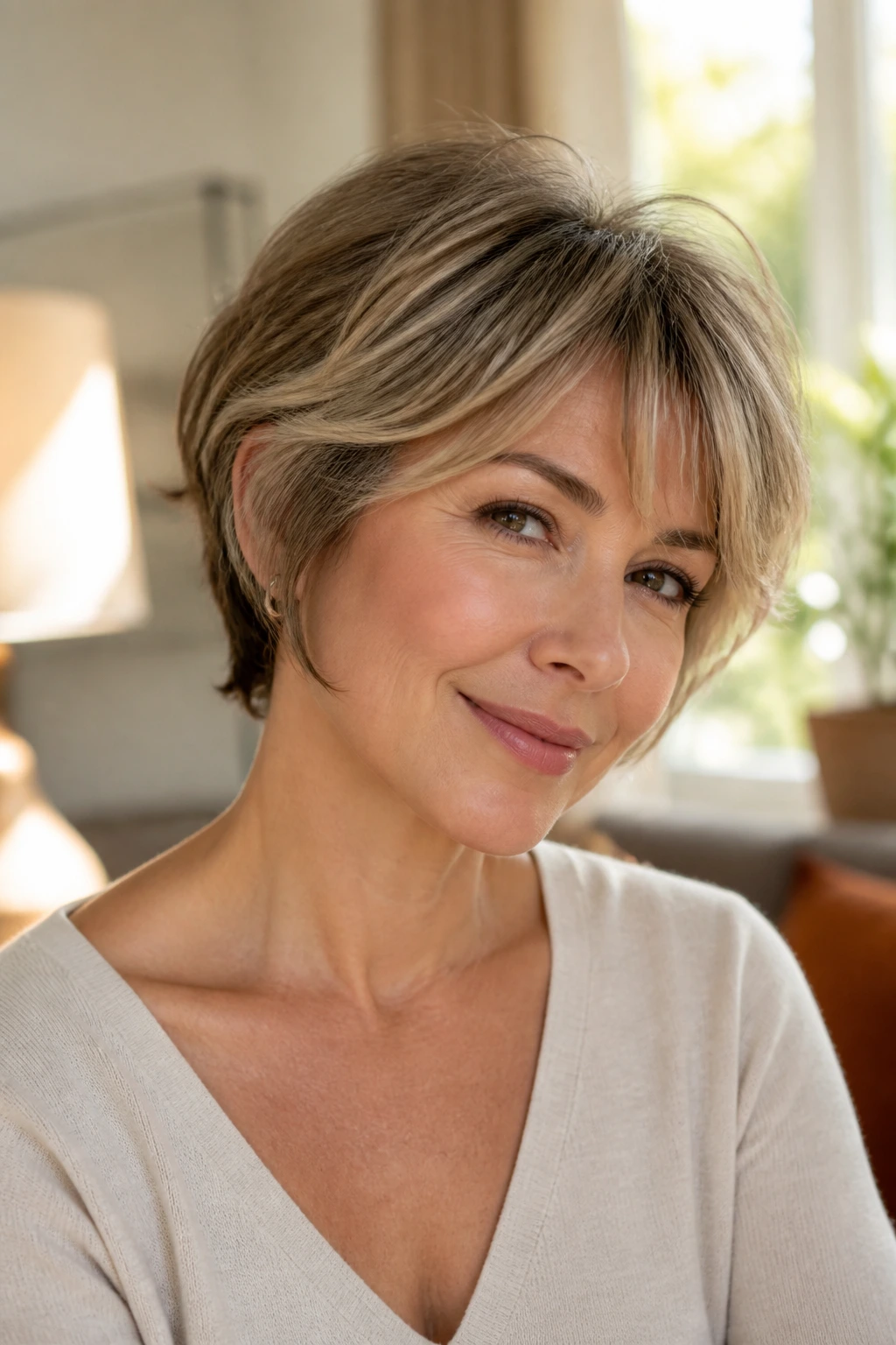 Close-up portrait of a real woman with layered pixie bob hairstyle