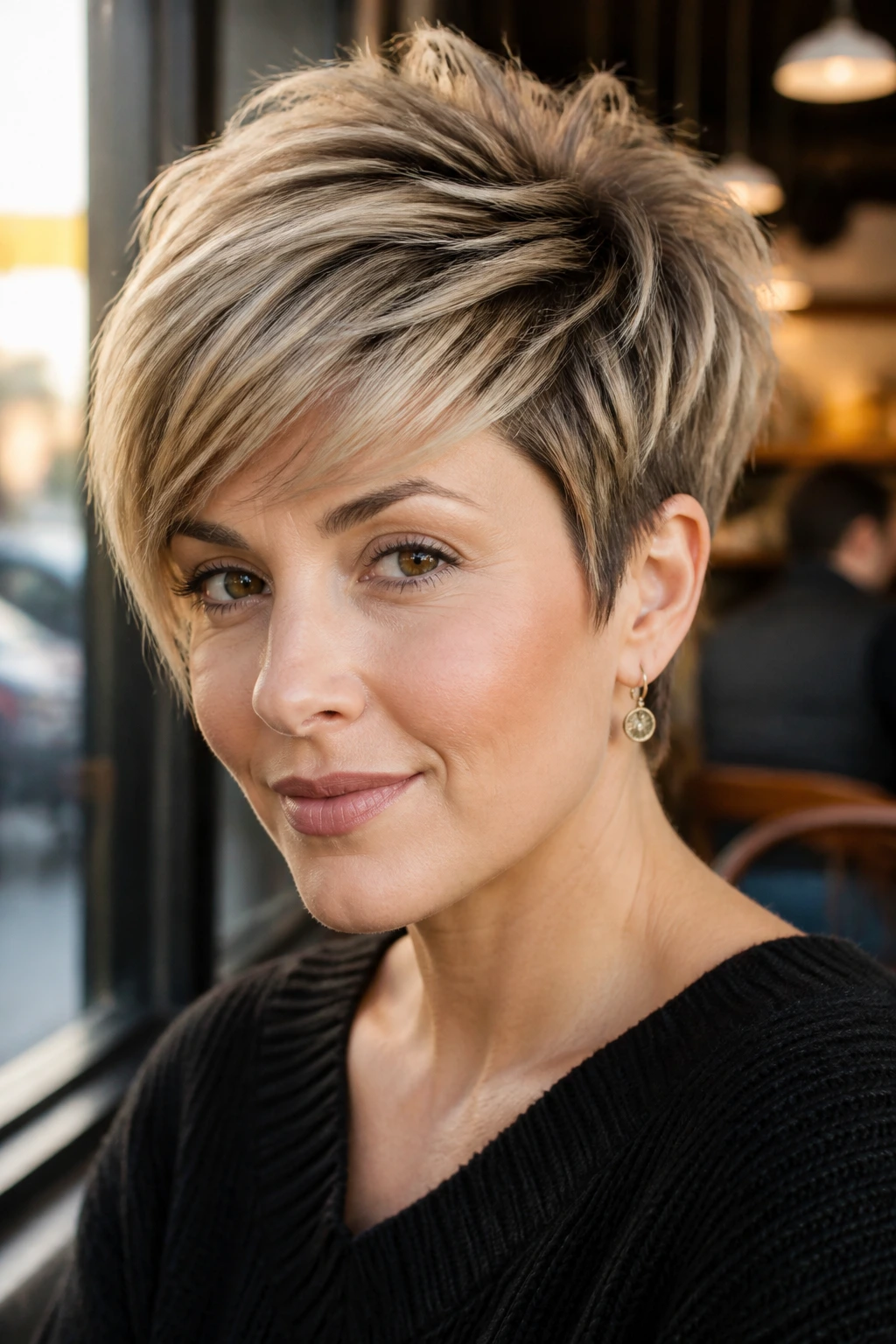 Portrait of a real woman with layered pixie and crown volume, swept fringe, warm light