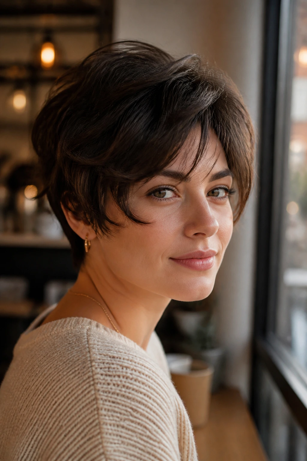 Close-up of Layered Pixie With Curtain Bangs on a real woman showing soft fringe