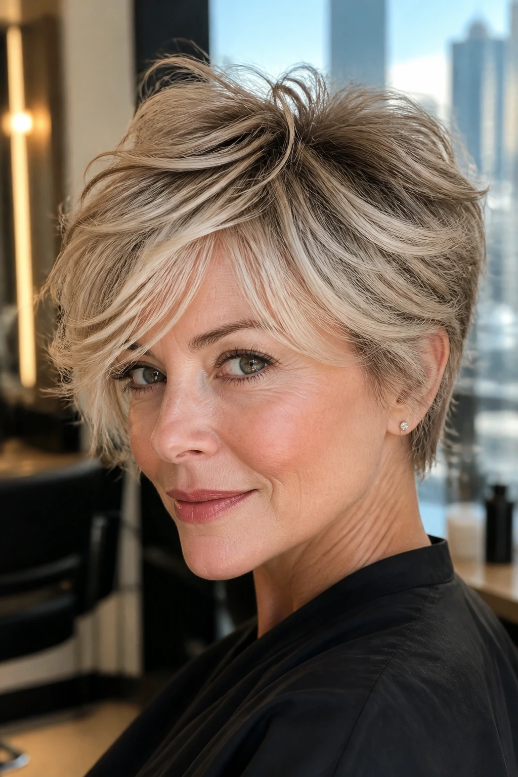 Close-up of a real woman with layered pixie flip and sweeping fringe in natural salon light.