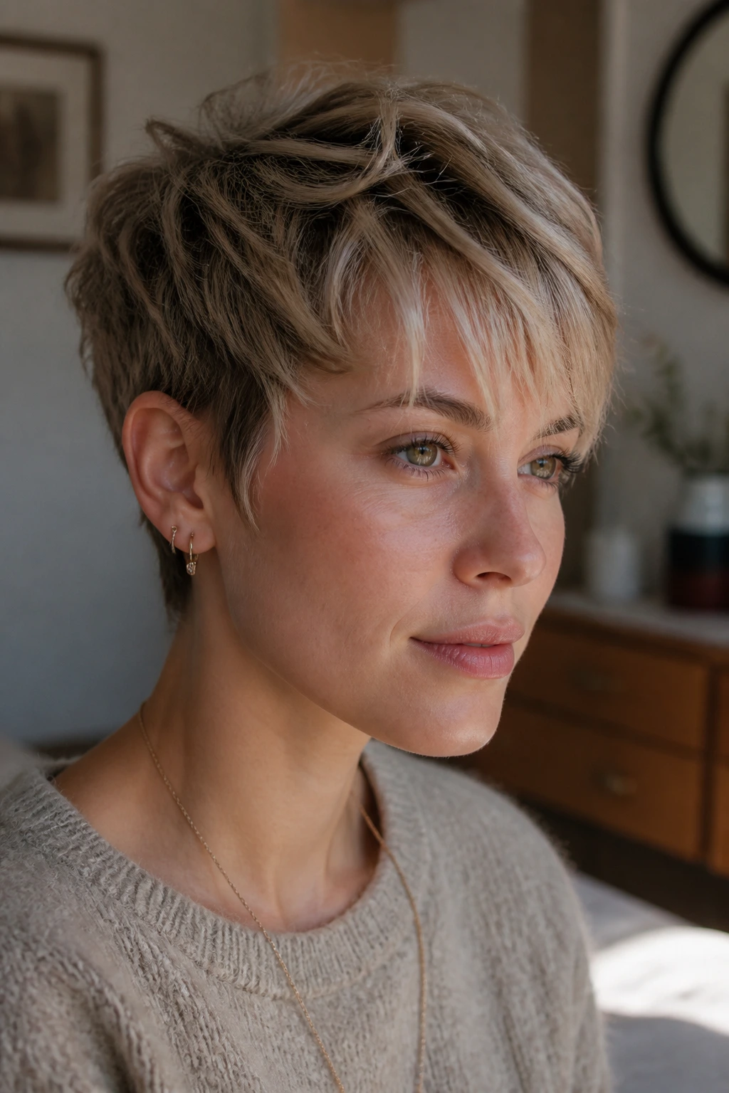 Real person with Layered Pixie and piecey fringe portrait