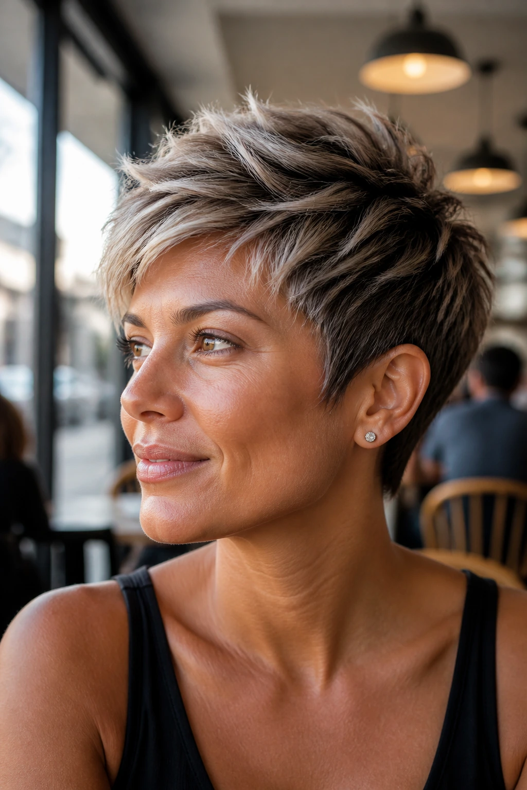 Close-up portrait of a real woman with layered pixie and frosted tips
