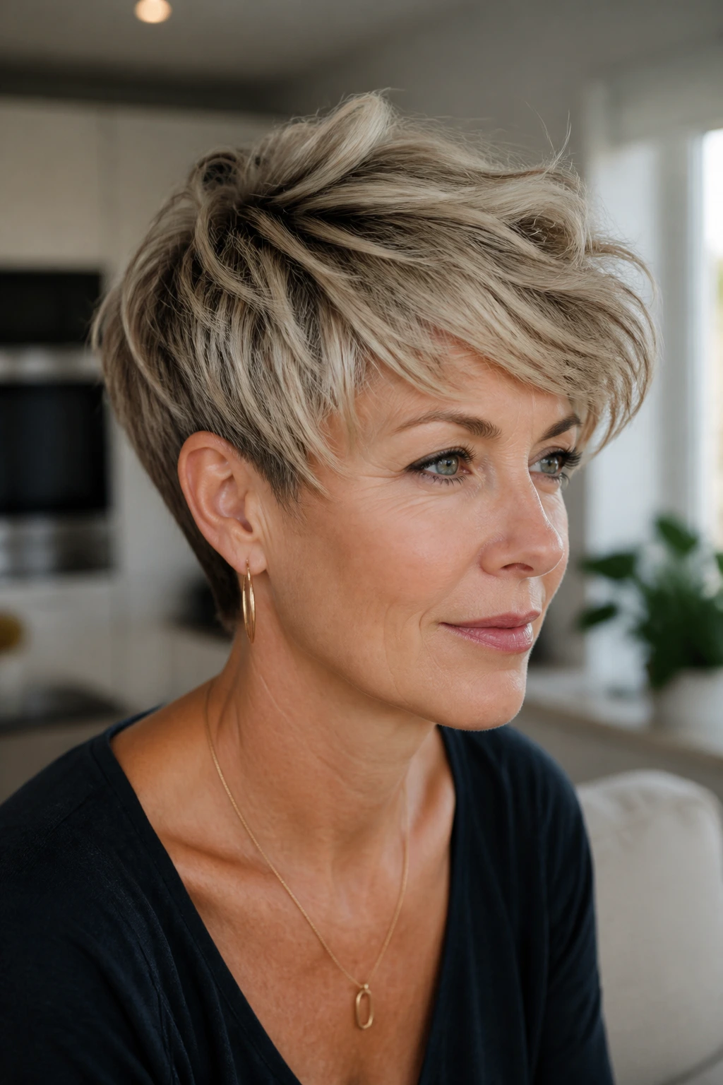 Close-up of layered pixie with long top on a real person