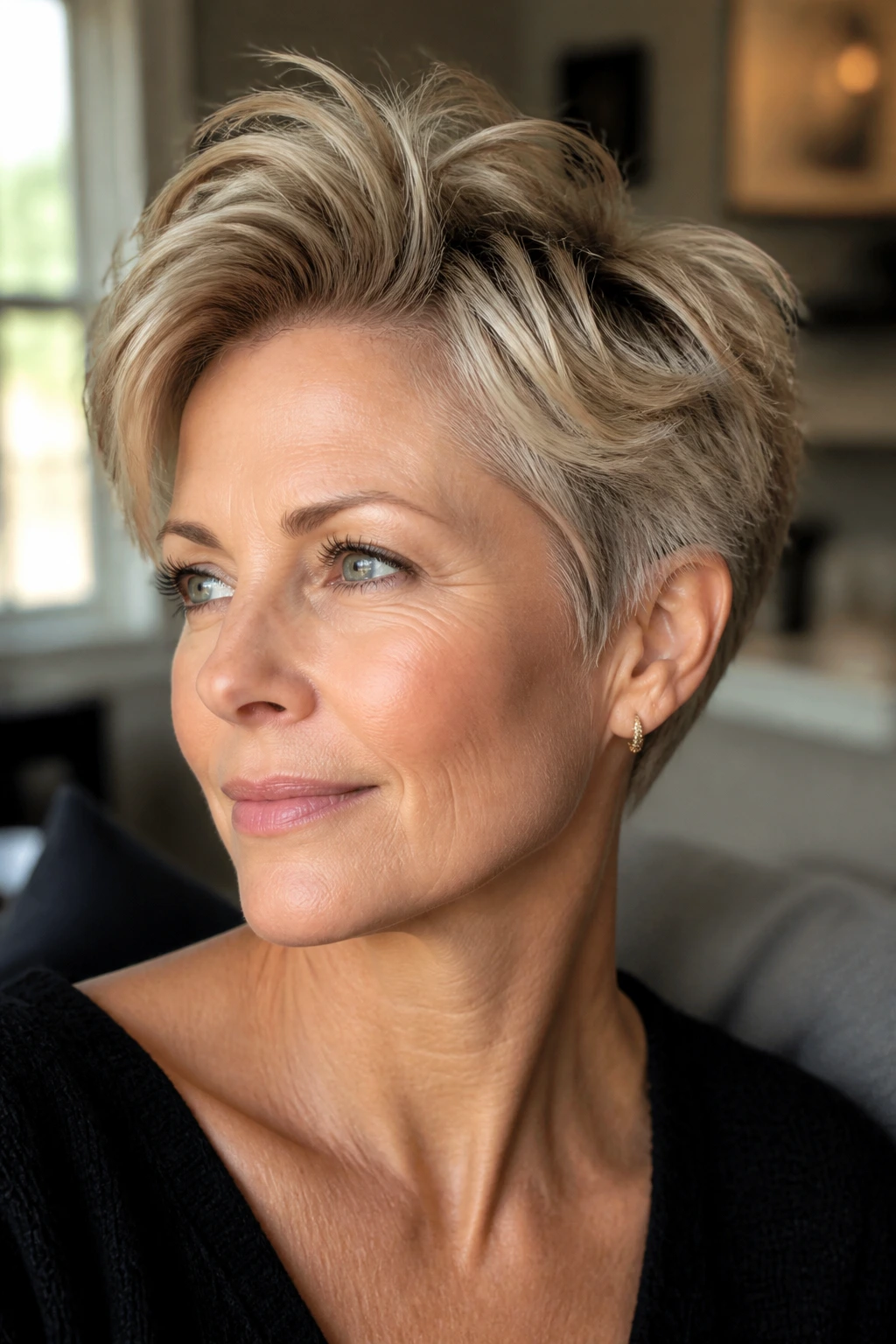 Close-up portrait of a real woman with a layered pixie showing movement and lift under natural window light