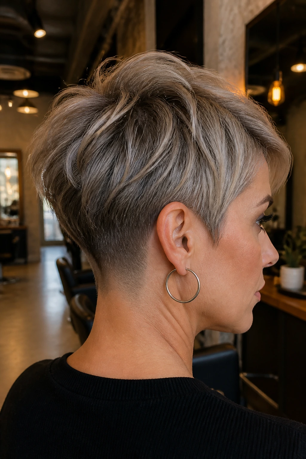 Close-up of woman with layered pixie and nape fade in a chic salon