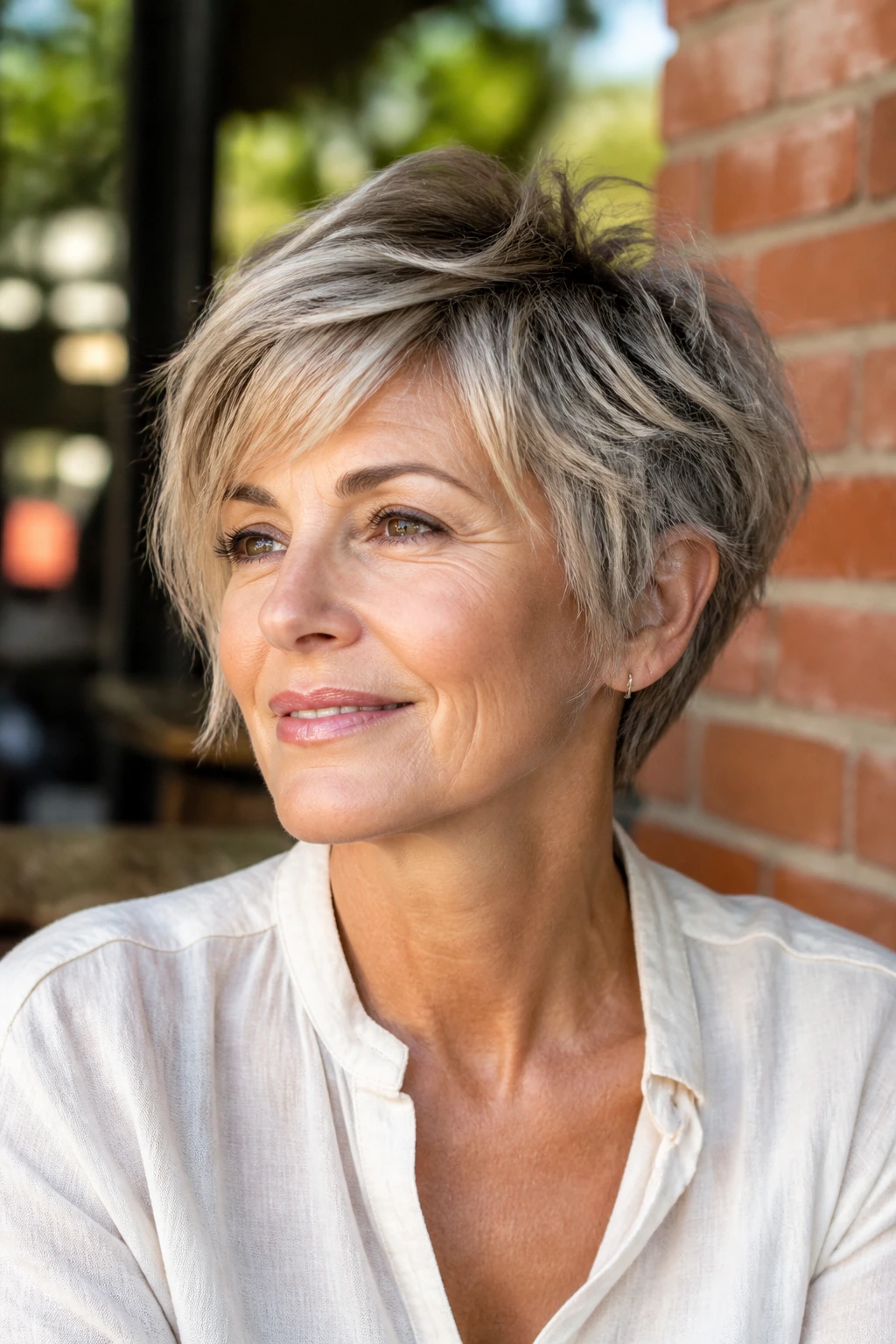 Real woman with layered pixie shag hairstyle in outdoor cafe lighting