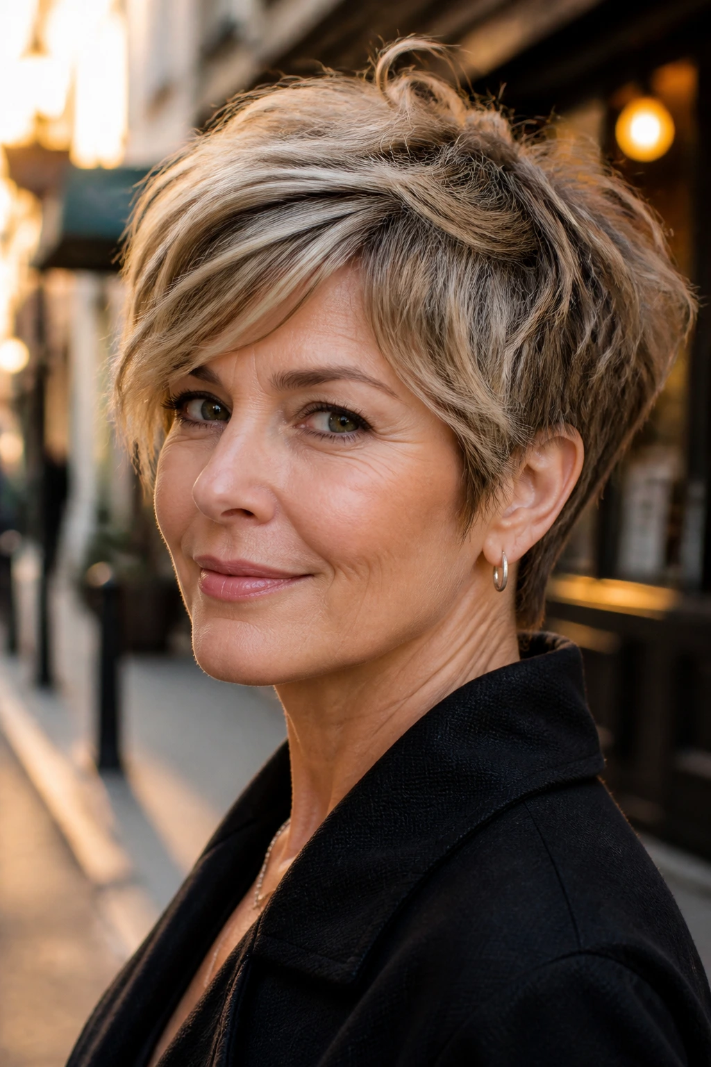 Close-up portrait of a real woman with layered pixie shag.