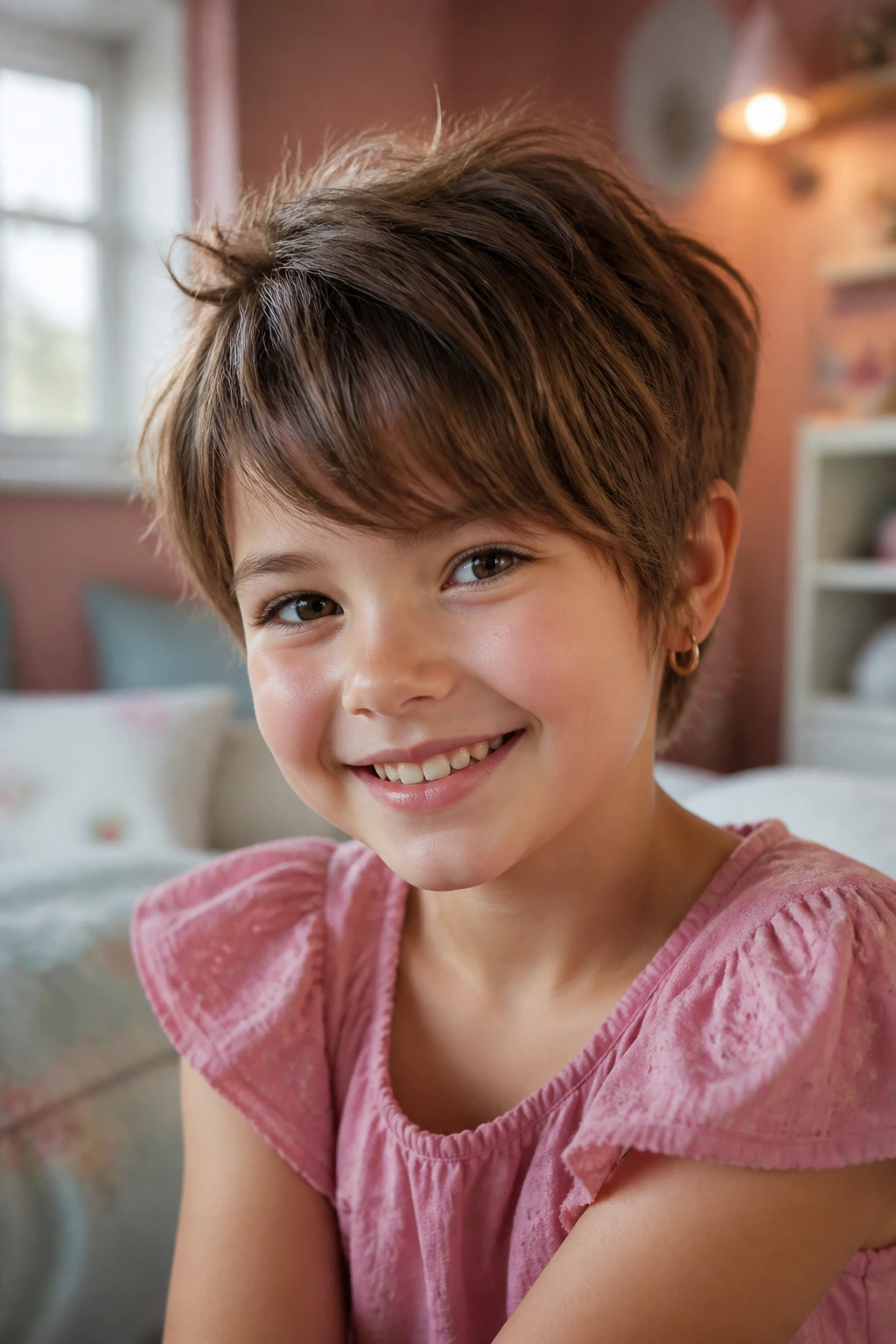 Close-up portrait of a real young girl with layered pixie shag hairstyle.