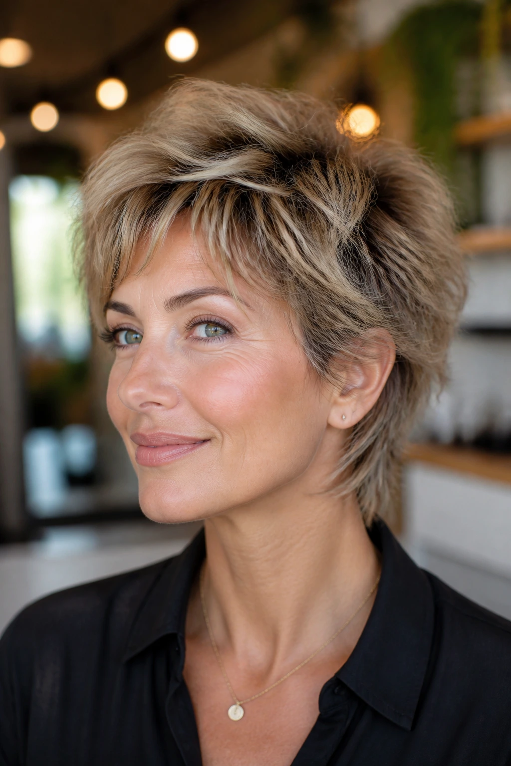 Close-up portrait of a real woman with layered pixie shag hairstyle