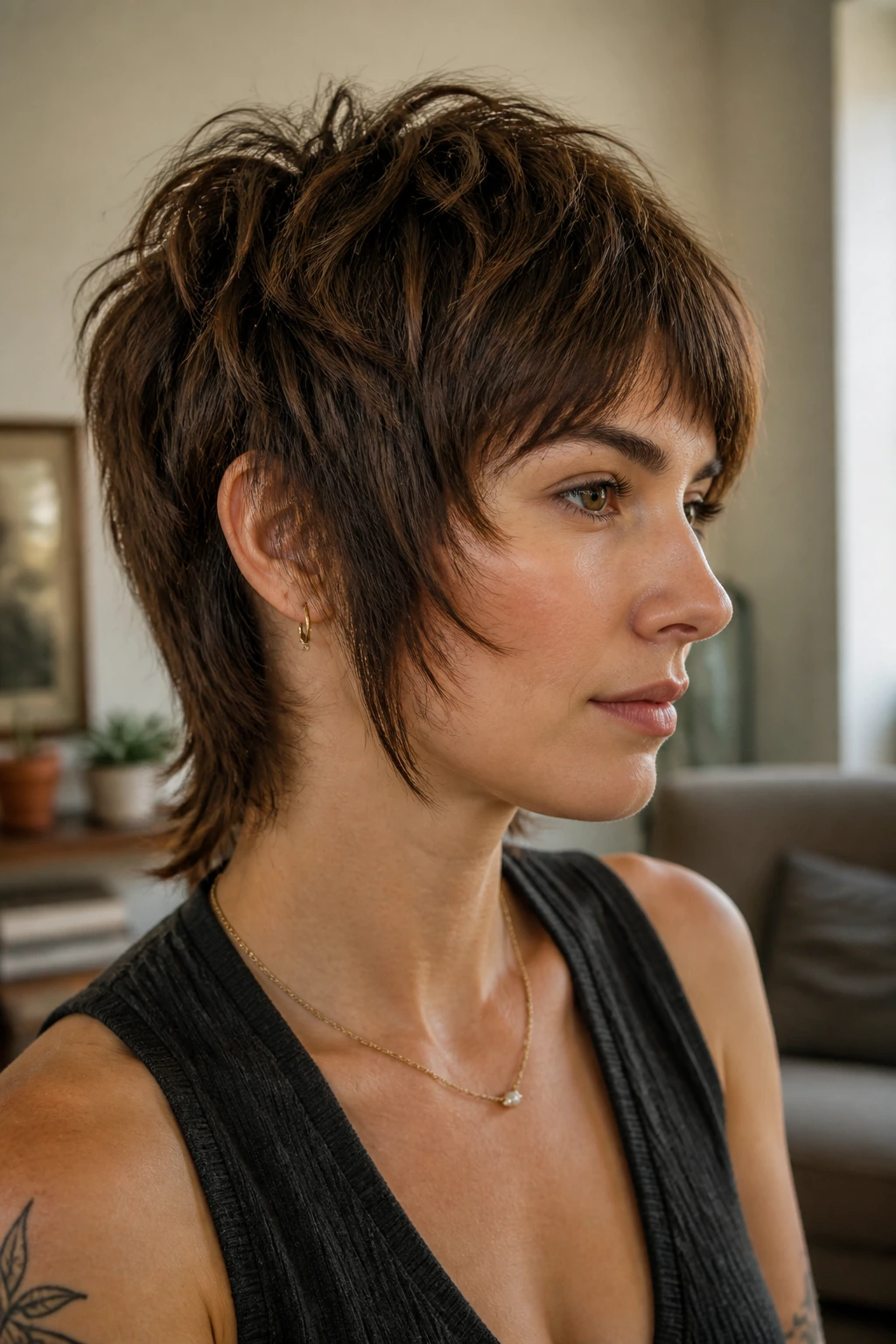 Close-up portrait of a real person with layered pixie shag and long sideburns in a cozy living room