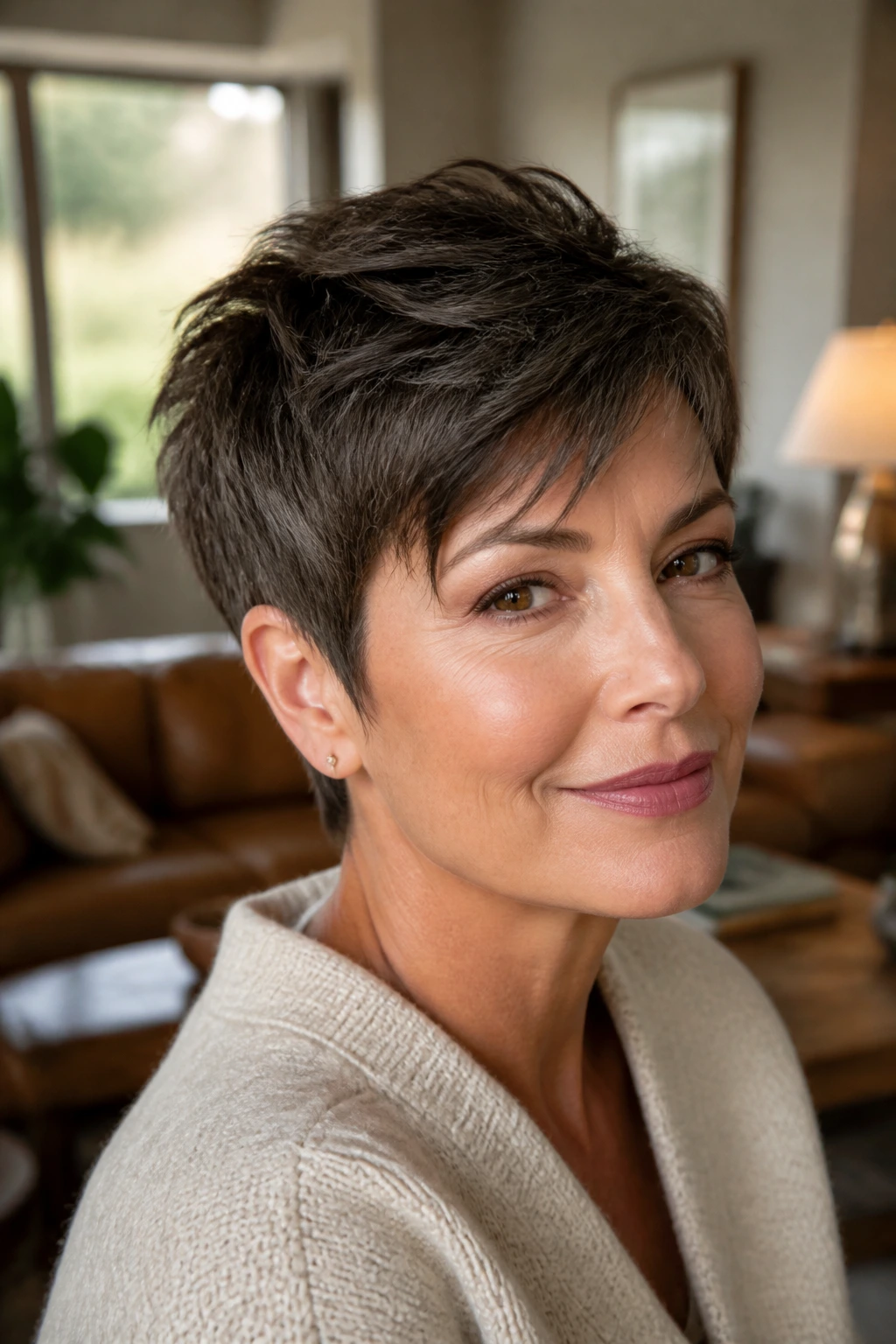 Close-up of thick-hair layered pixie on a real woman in warm window light