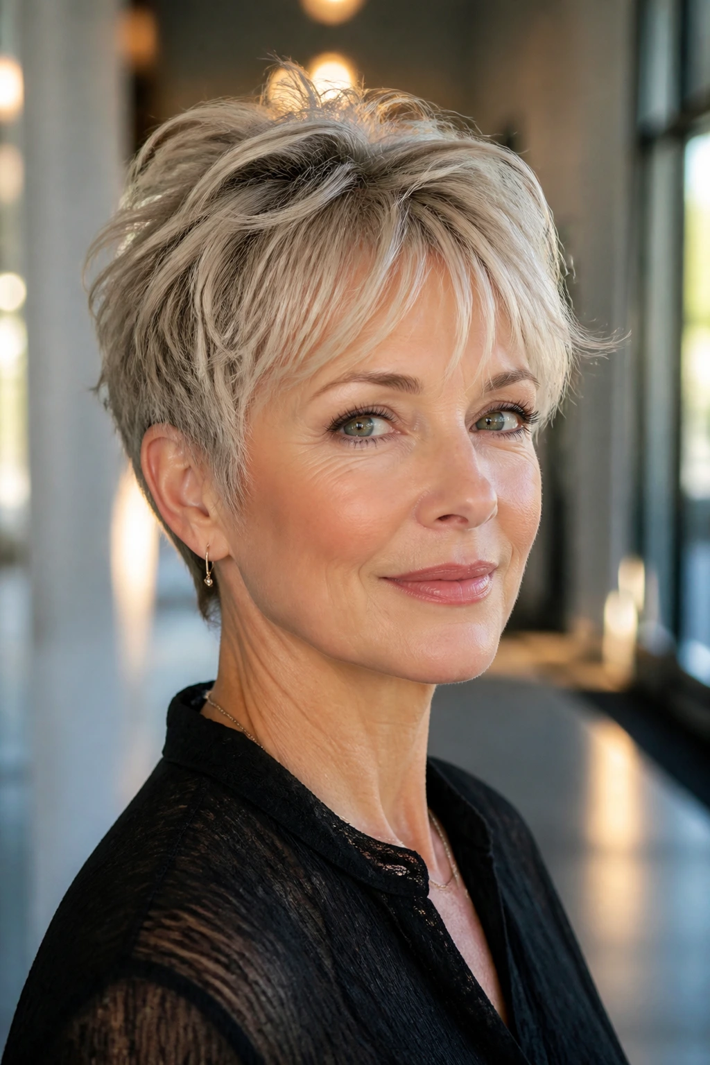Close-up portrait of a real woman with a layered pixie and wispy bangs