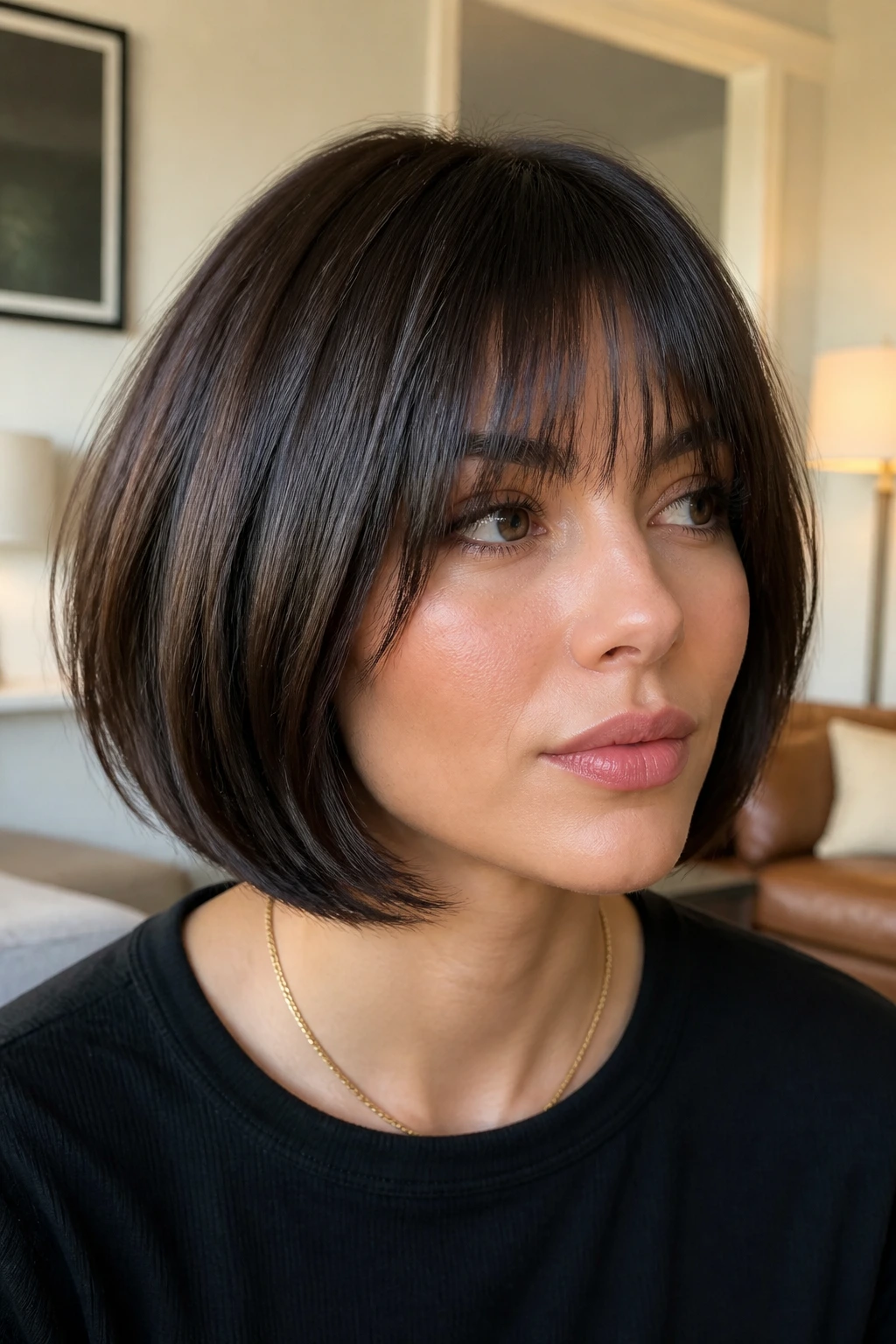 Portrait of a person with layered polished bob and glassy ends