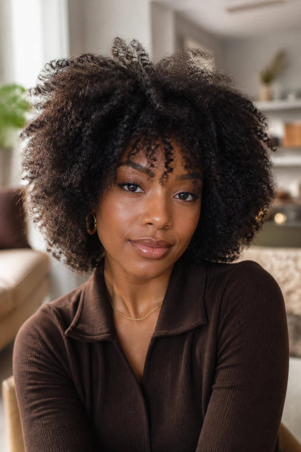 Close-up of layered puff shag hairstyle on a real woman