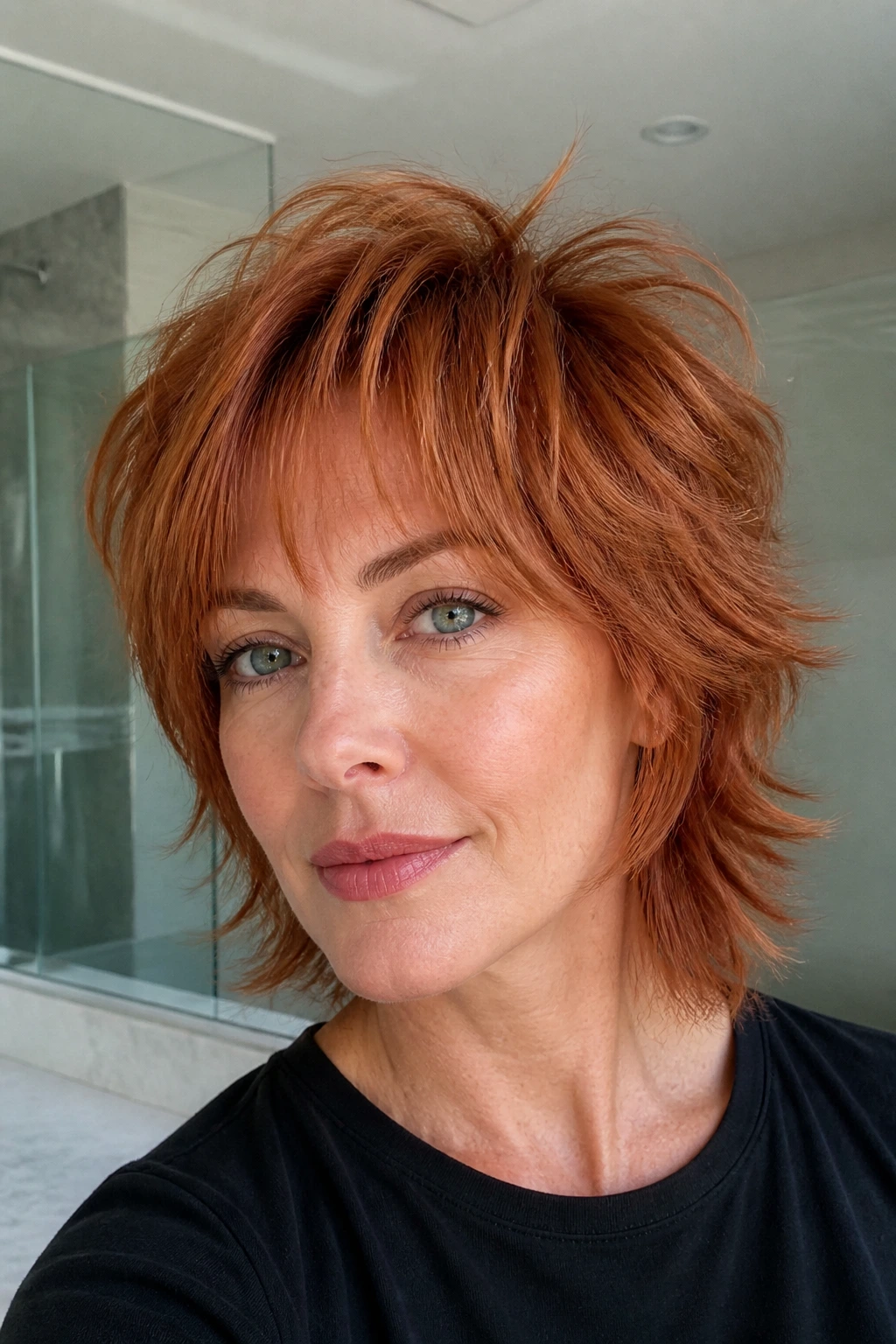 Close-up portrait of a real person with layered red shag for fine hair