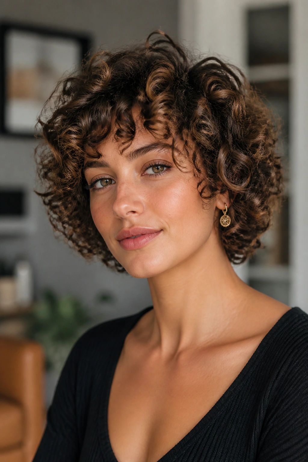 Close-up of a woman with a layered ringlet bob in natural light