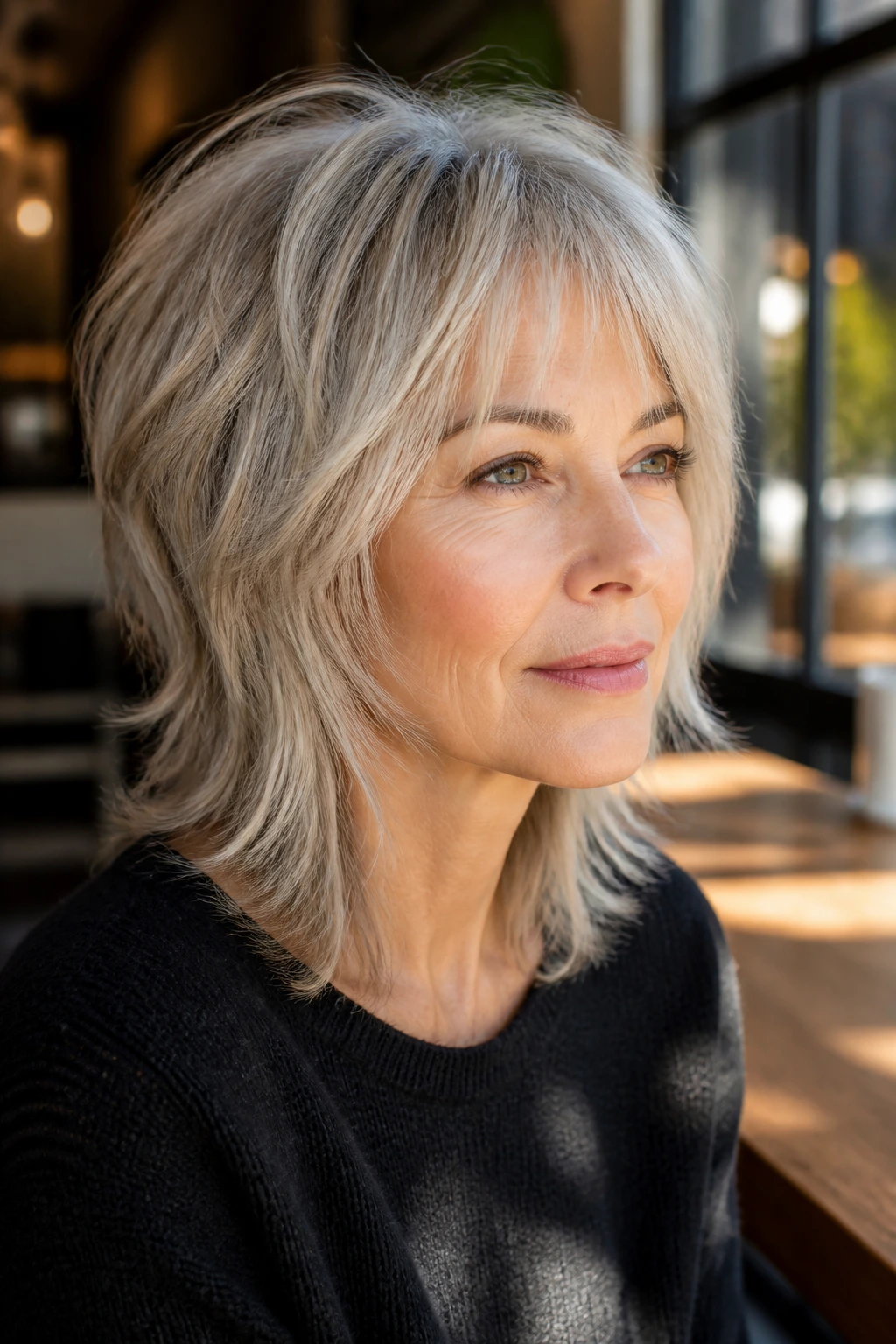 Close-up of a real woman with layered shag and blended ends in sunlit setting