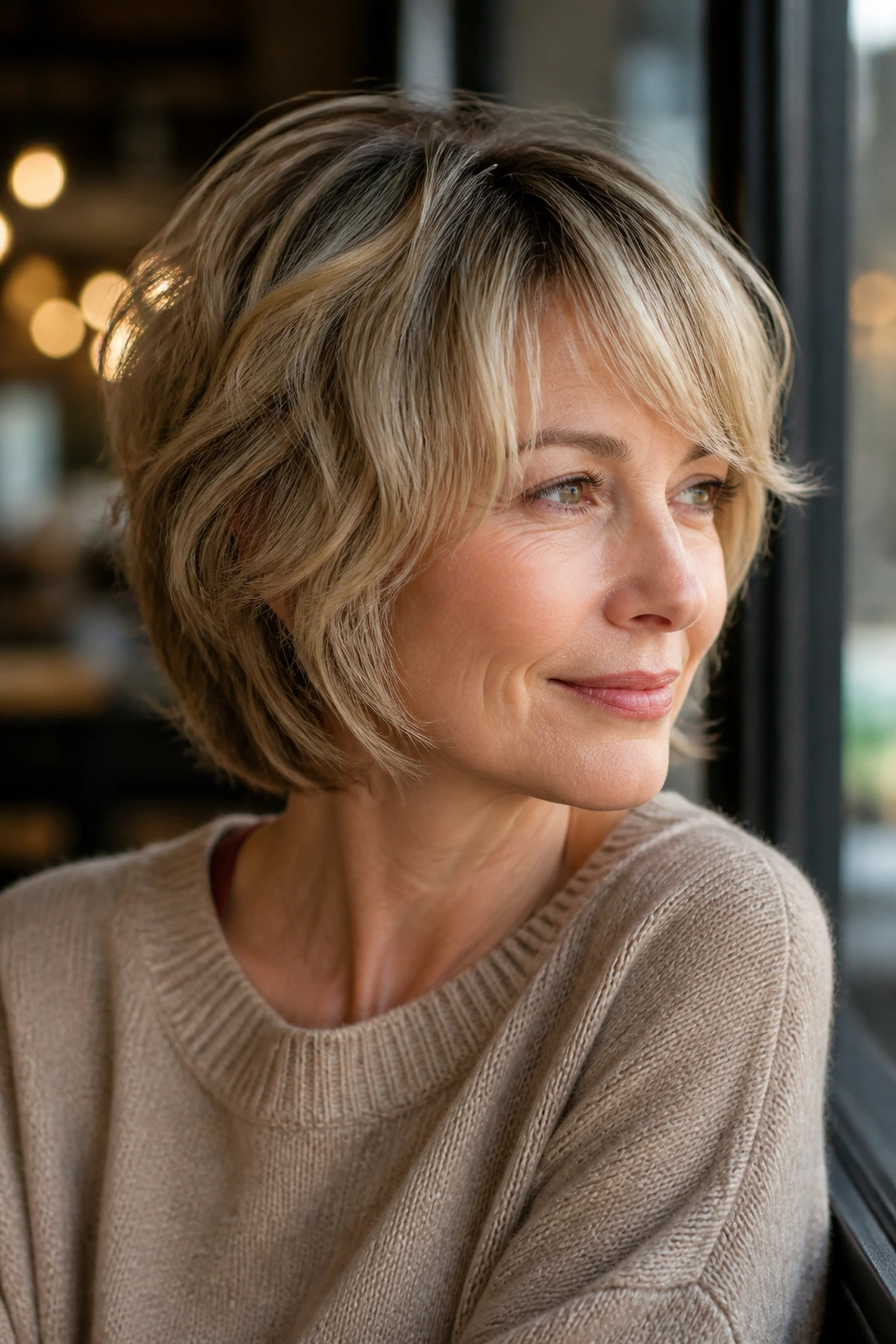 Close-up portrait of a real woman with layered shag bob in a cafe setting with natural light