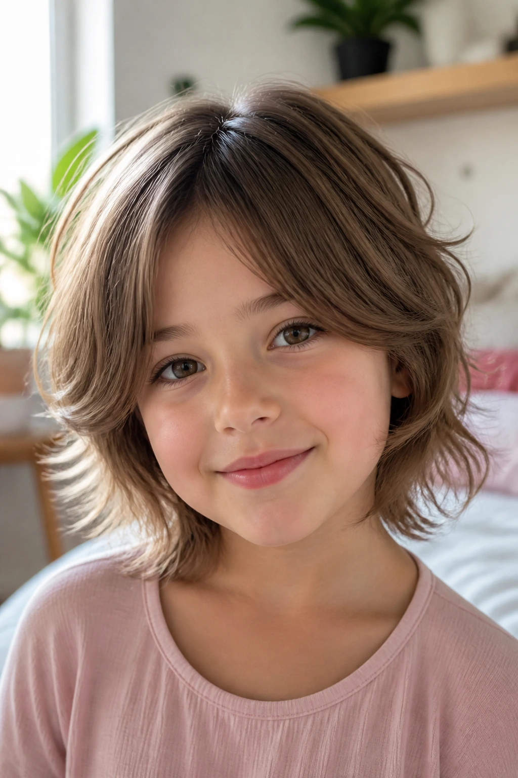 Close-up of a girl with layered shag and curtain bangs