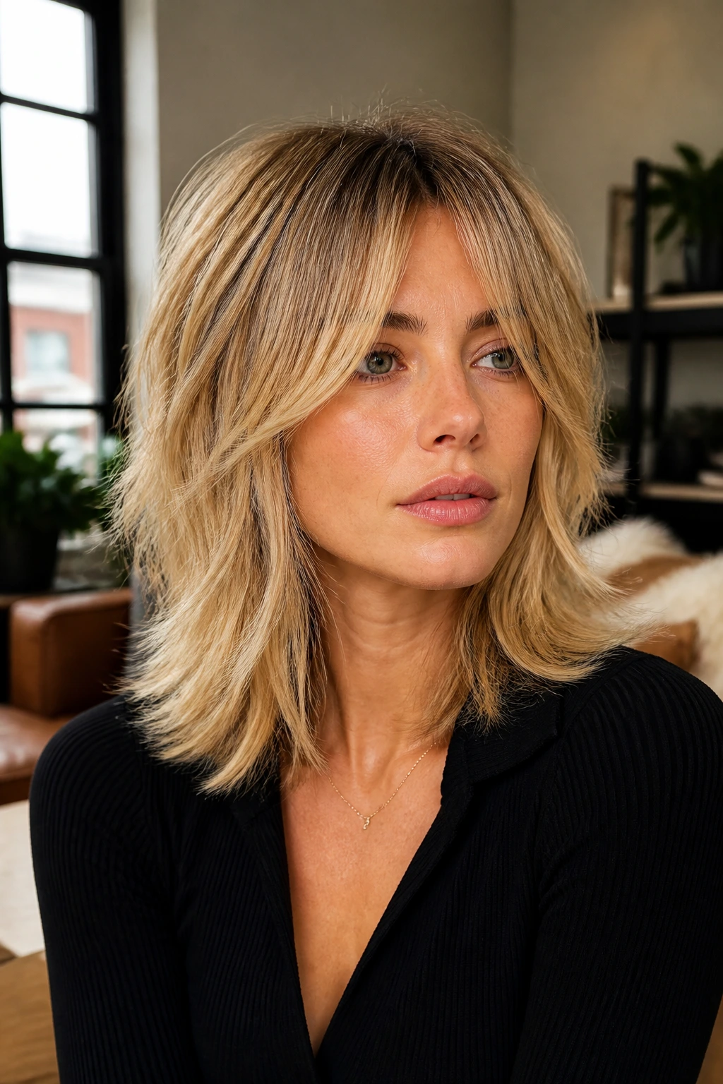 Portrait of a woman with layered shag and piecey curtain fringe