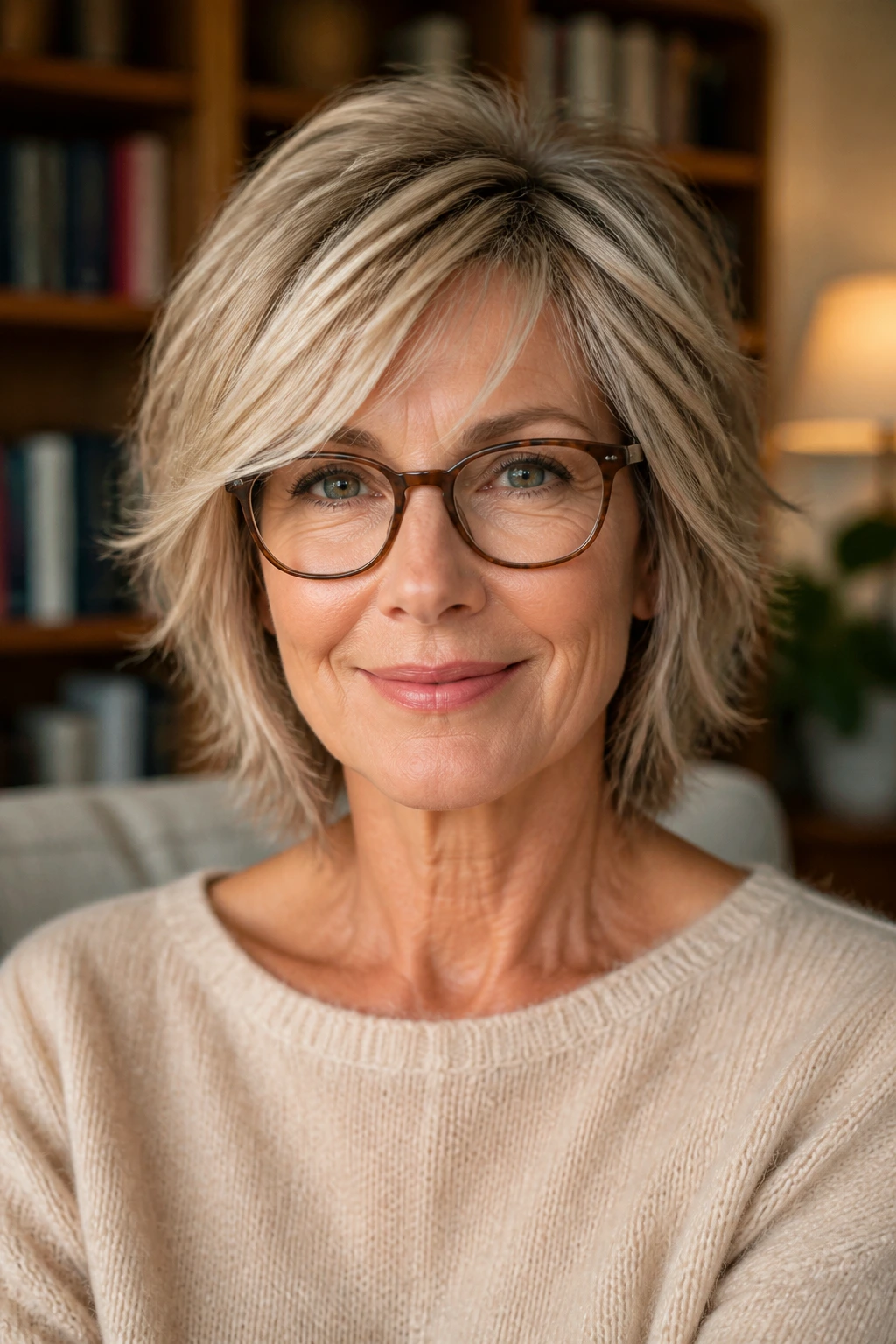 Woman with glasses sporting a flattering layered shag.