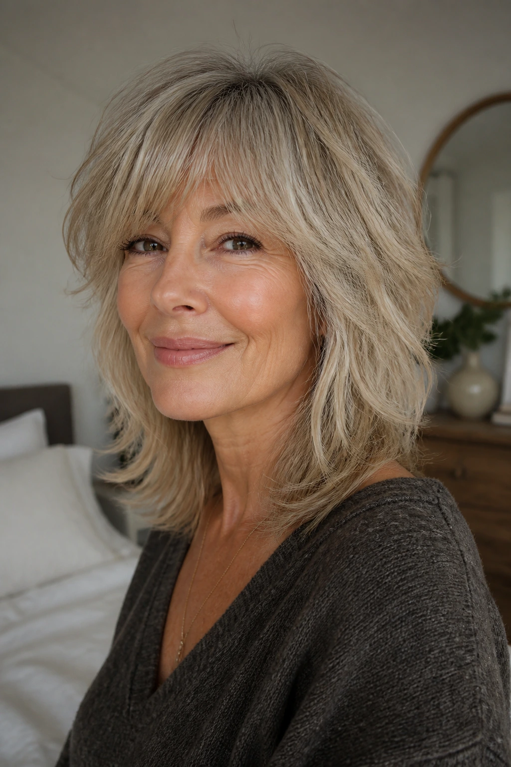 Close-up of a real woman with layered shag for fine hair, lift at crown and full perimeter.