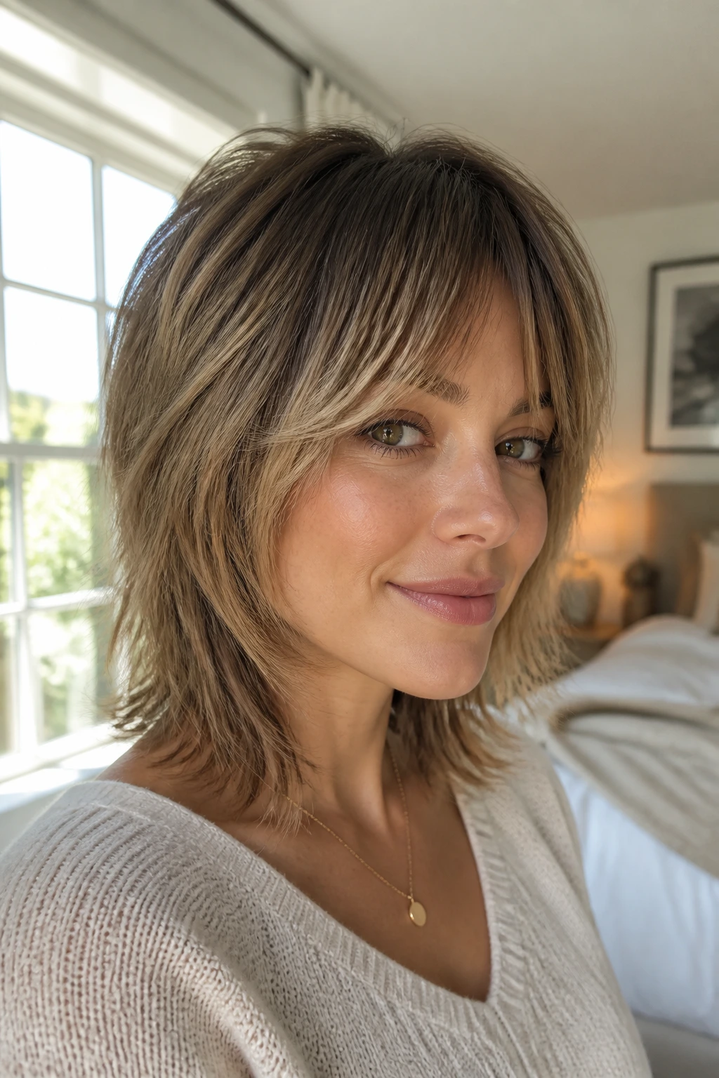 Close-up portrait of a real woman with layered shag for fine hair and crown lift, in soft window light.