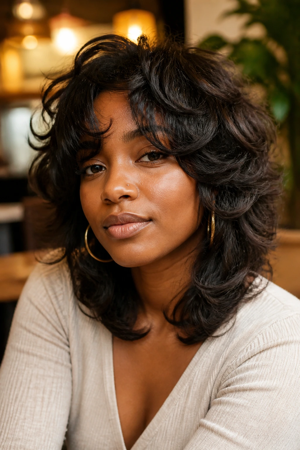 Medium close-up of layered shag hairstyle on a real person