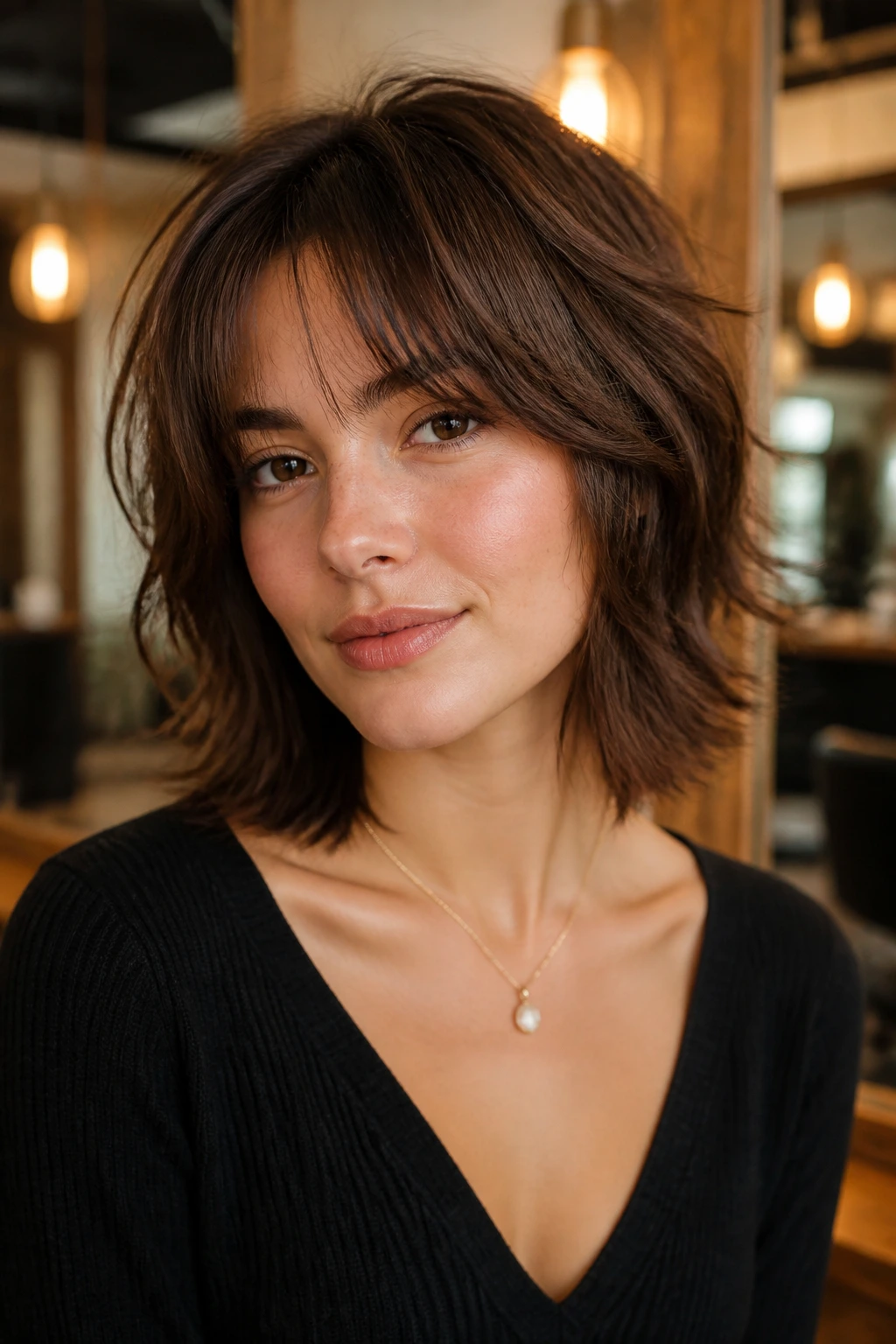 Portrait of a real person with layered shag around the cheeks and jaw for a heart-shaped face.