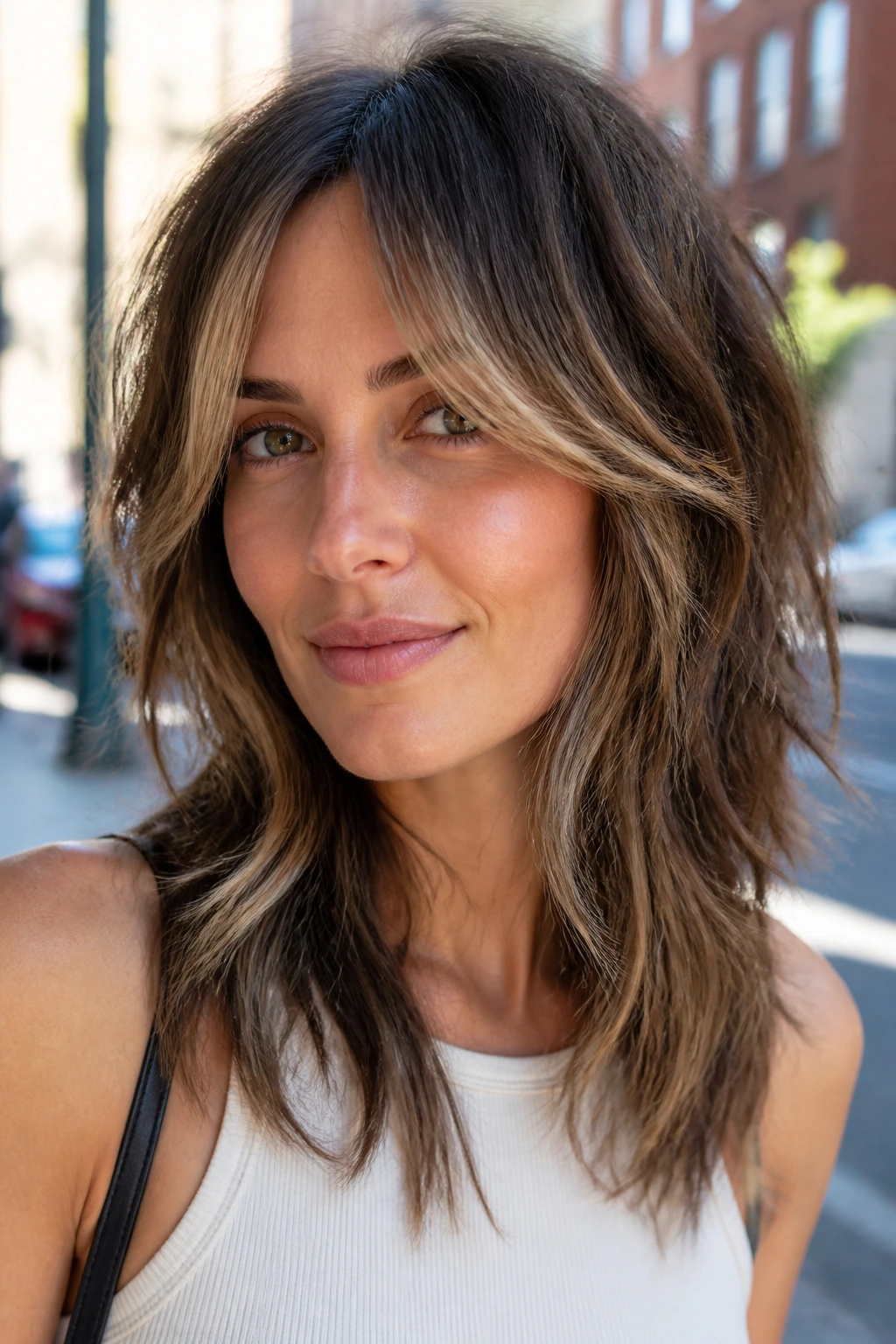 Portrait of layered shag with face-framing highlights on a real woman in daylight