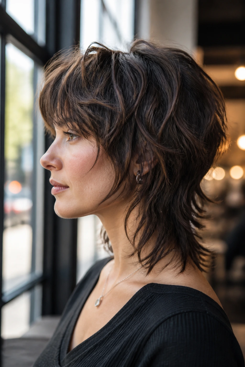 Side-profile of a real person with layered shag and invisible undercut