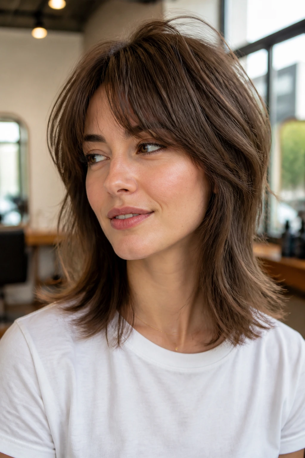 Close-up of a woman with layered shag that gives lift, crown layers and full perimeter.
